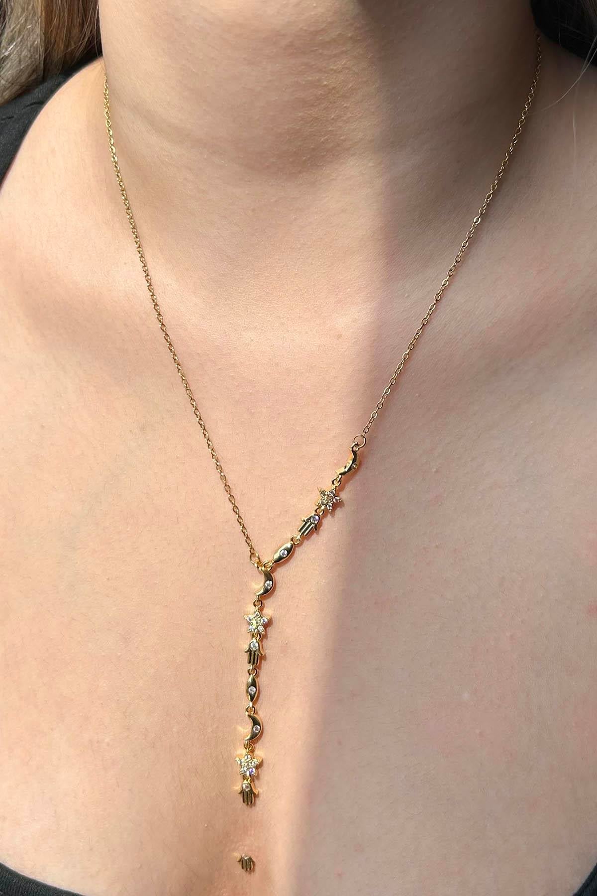 Altın Renk Karışık Figürlü Çelik Y Kolye