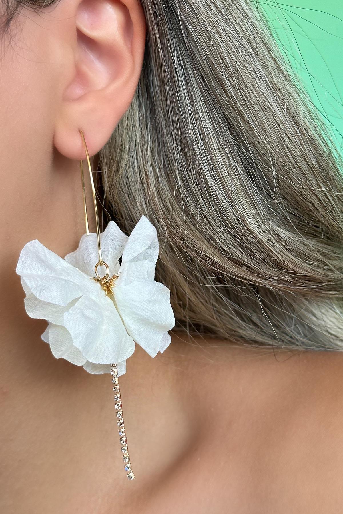 Altın Ve Sarı Renk Taş Detaylı Çiçek Figürlü Küpe (Çift)