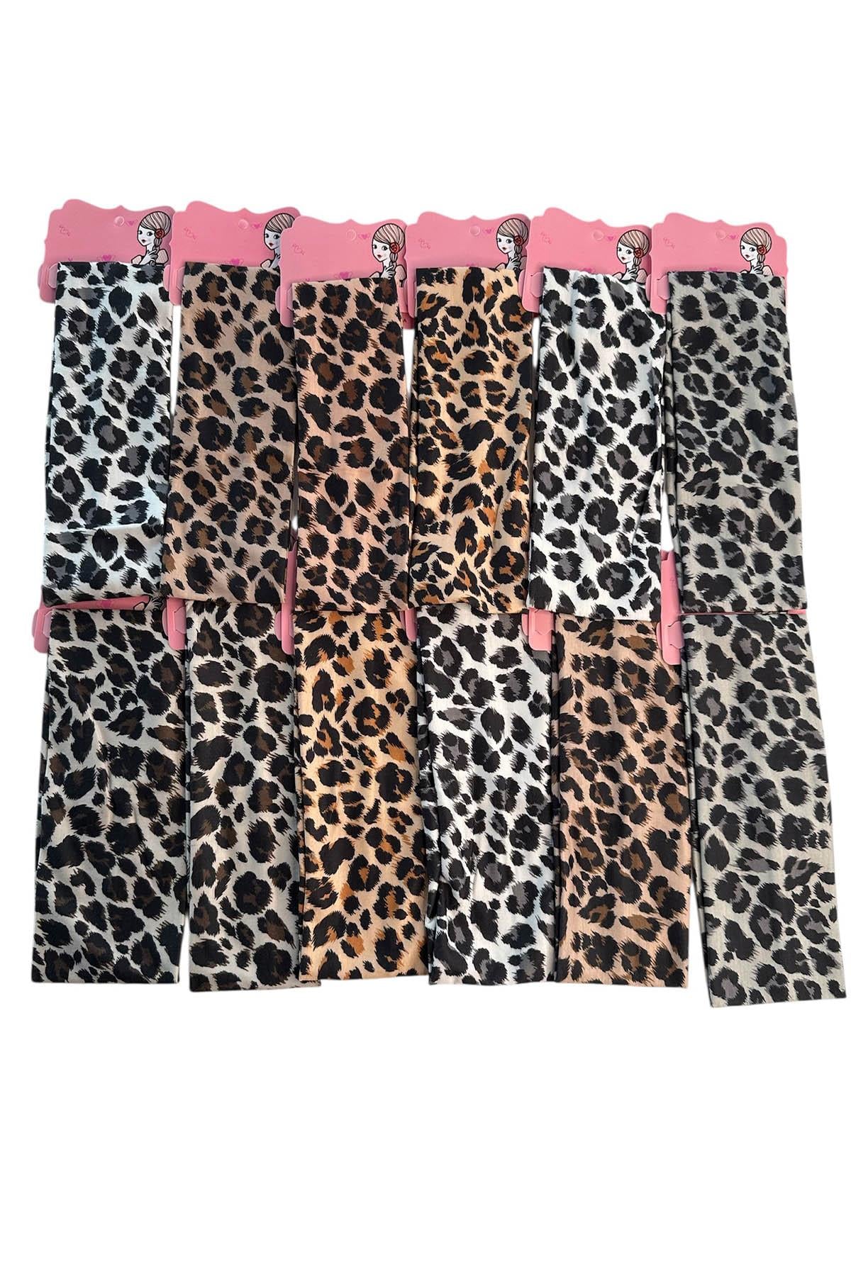 12'li Karışık Renk Leopar Desenli Saç Bandı