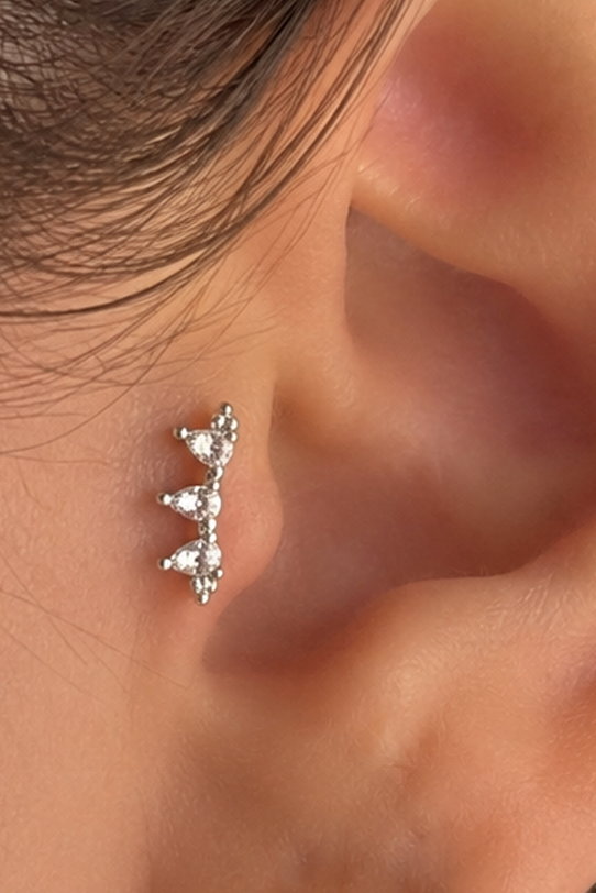 Gümüş Renk Taşlı Cerrahi Çelik Tragus/Kıkırdak Küpe/Piercing (Tek)