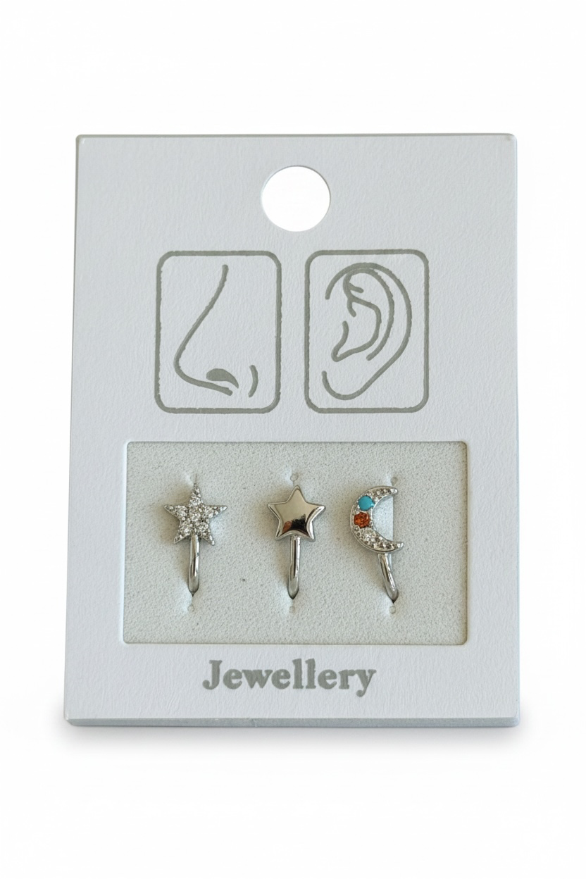 Gümüş Renk Karışık Figürlü Deliksiz Kulak/Burun 3'lü Piercing Set