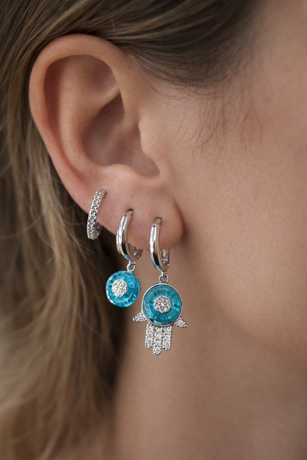 3'lü Gümüş Renk Mavi Taş Detaylı 14K Altın Kaplama TX Küpe