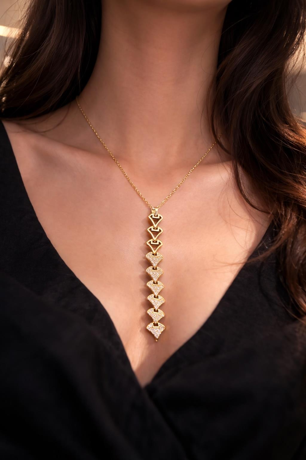 Altın Renk Taşlı 14K Altın Kaplama Y Kolye