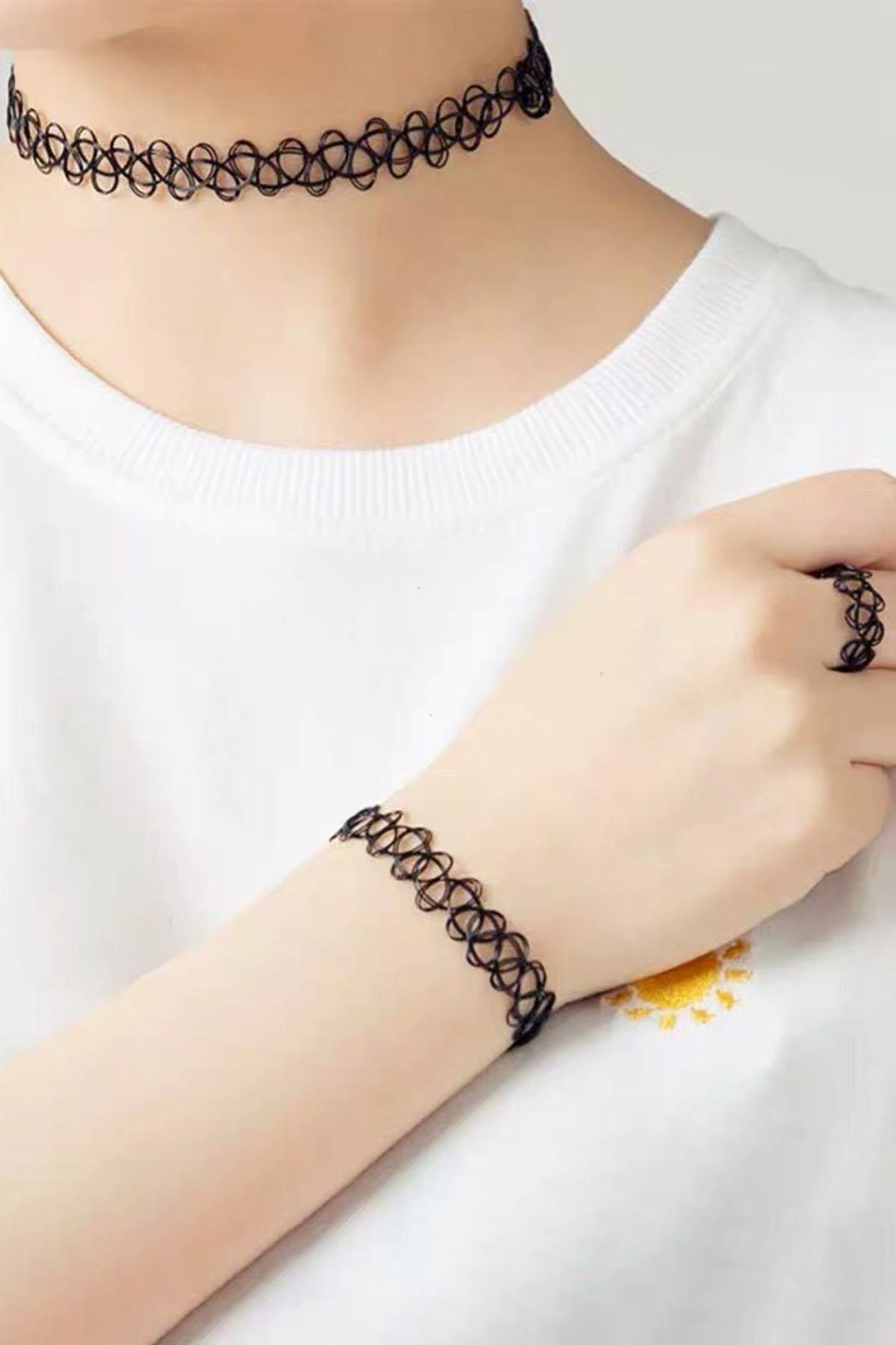 Siyah Renk Elastik Choker Kolye | Bileklik Ve Yüzük Set