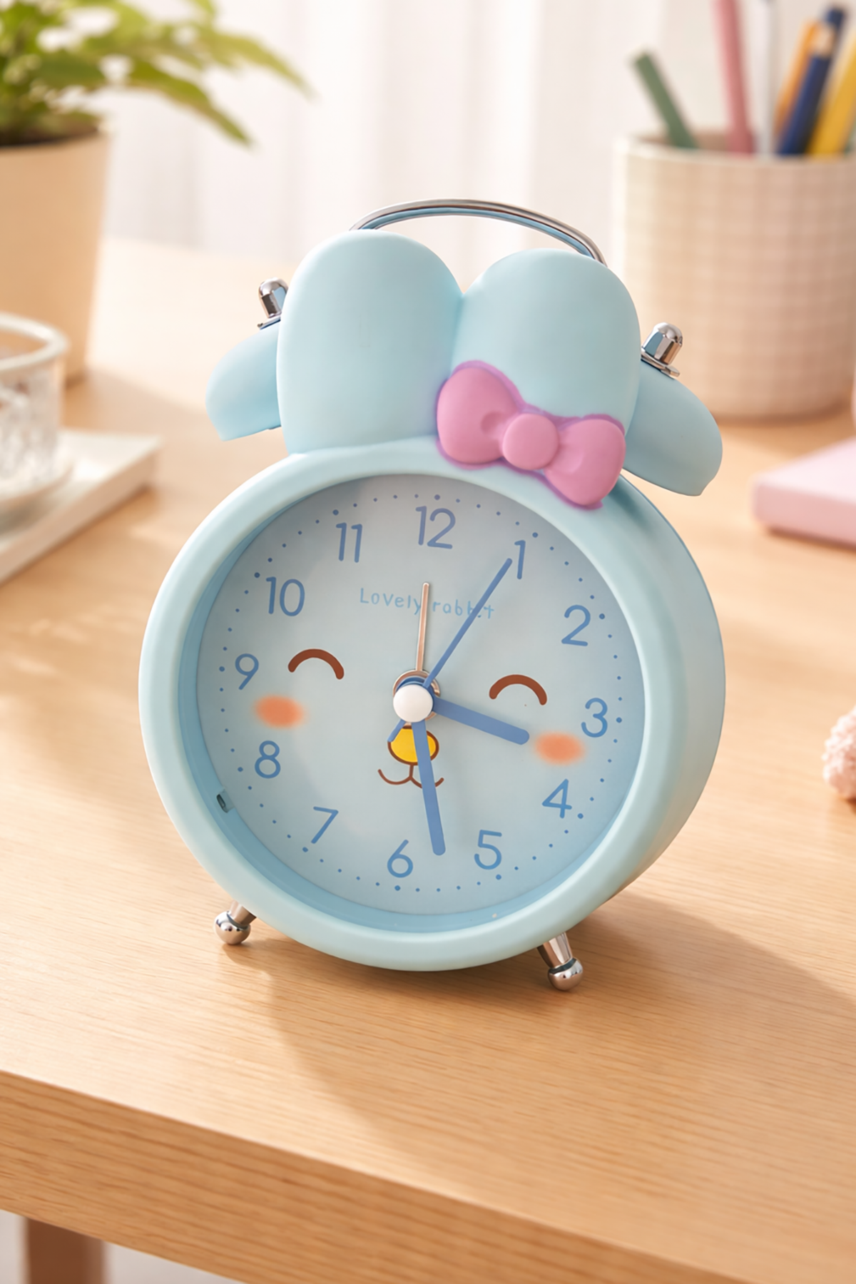 Mavi Renk Tavşan Figürlü Mini Dekoratif Işıklı Alarmlı Yuvarlak Masa Saati
