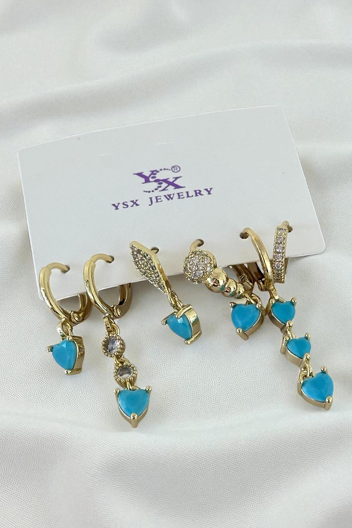 Altın Renk Karışık Figürlü Taş Detaylı 6'lı YSX Küpe Set