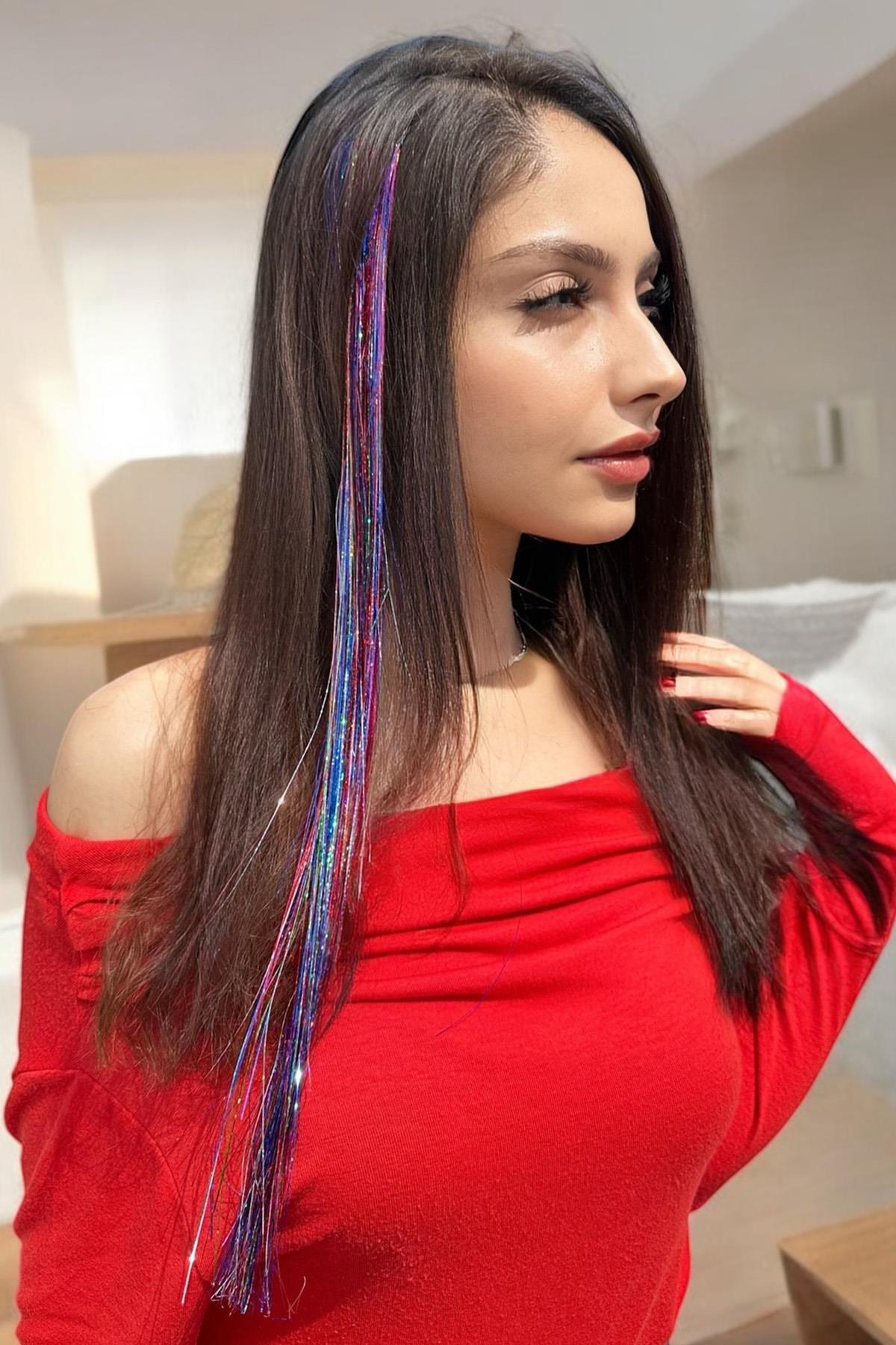 Çok Renkli Simli Yan Çıtçıtlı Postiş Hair Tinsel Shiny Hair (50 Cm)