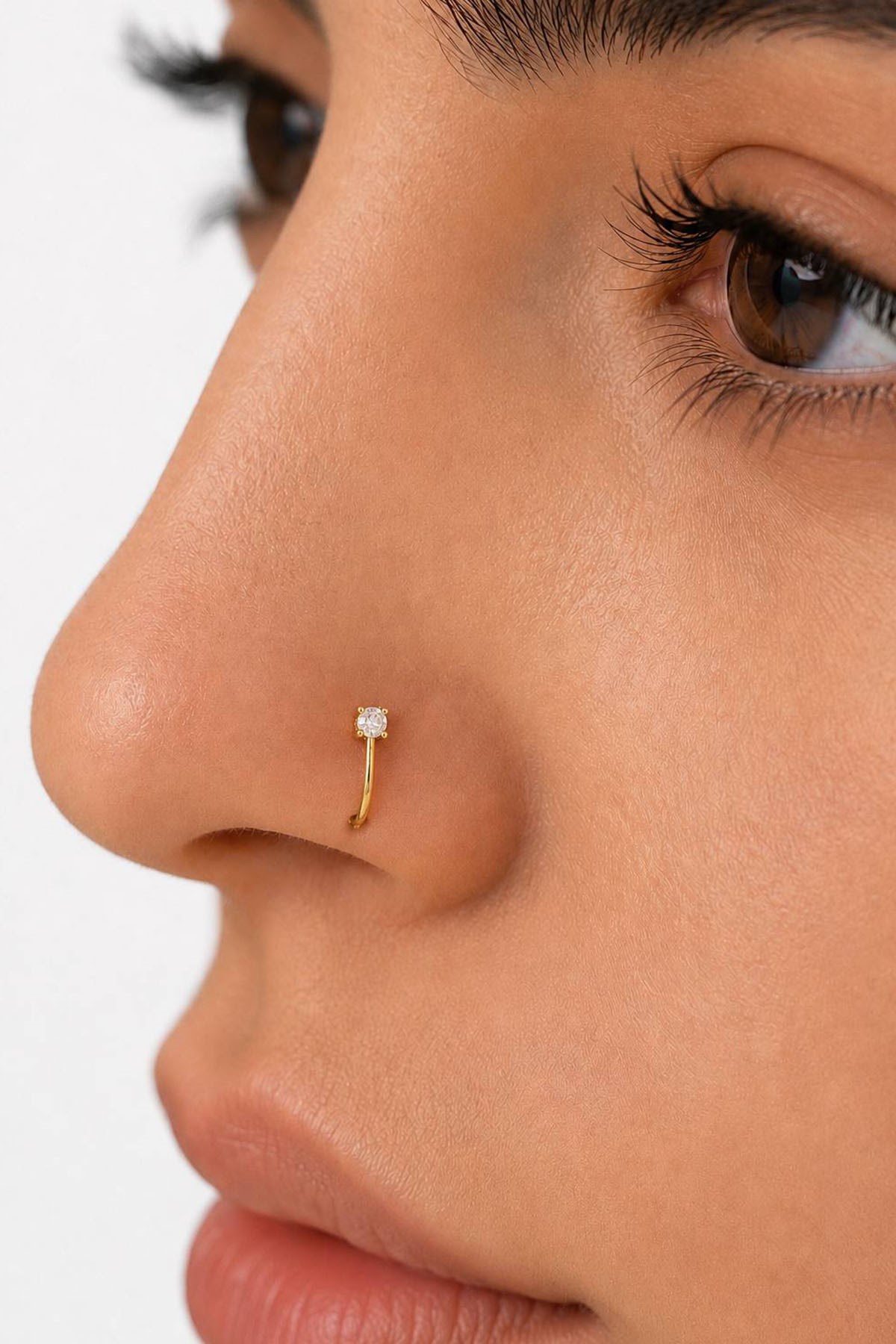 Altın Renk Taş Detaylı Cerrahi Çelik Deliksiz Kulak/Burun Piercing 