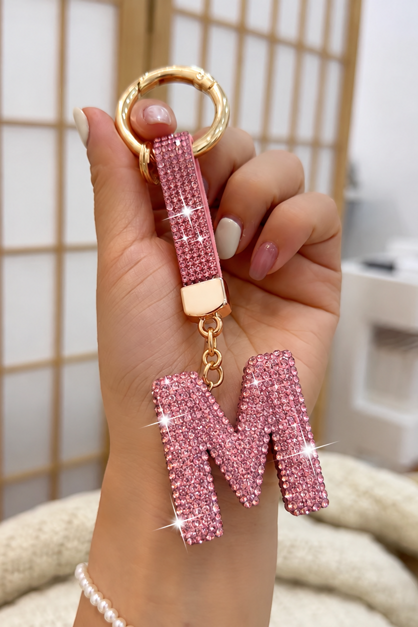 Pembe Renk M Harf Taşlı Çanta Charm/ Anahtarlık