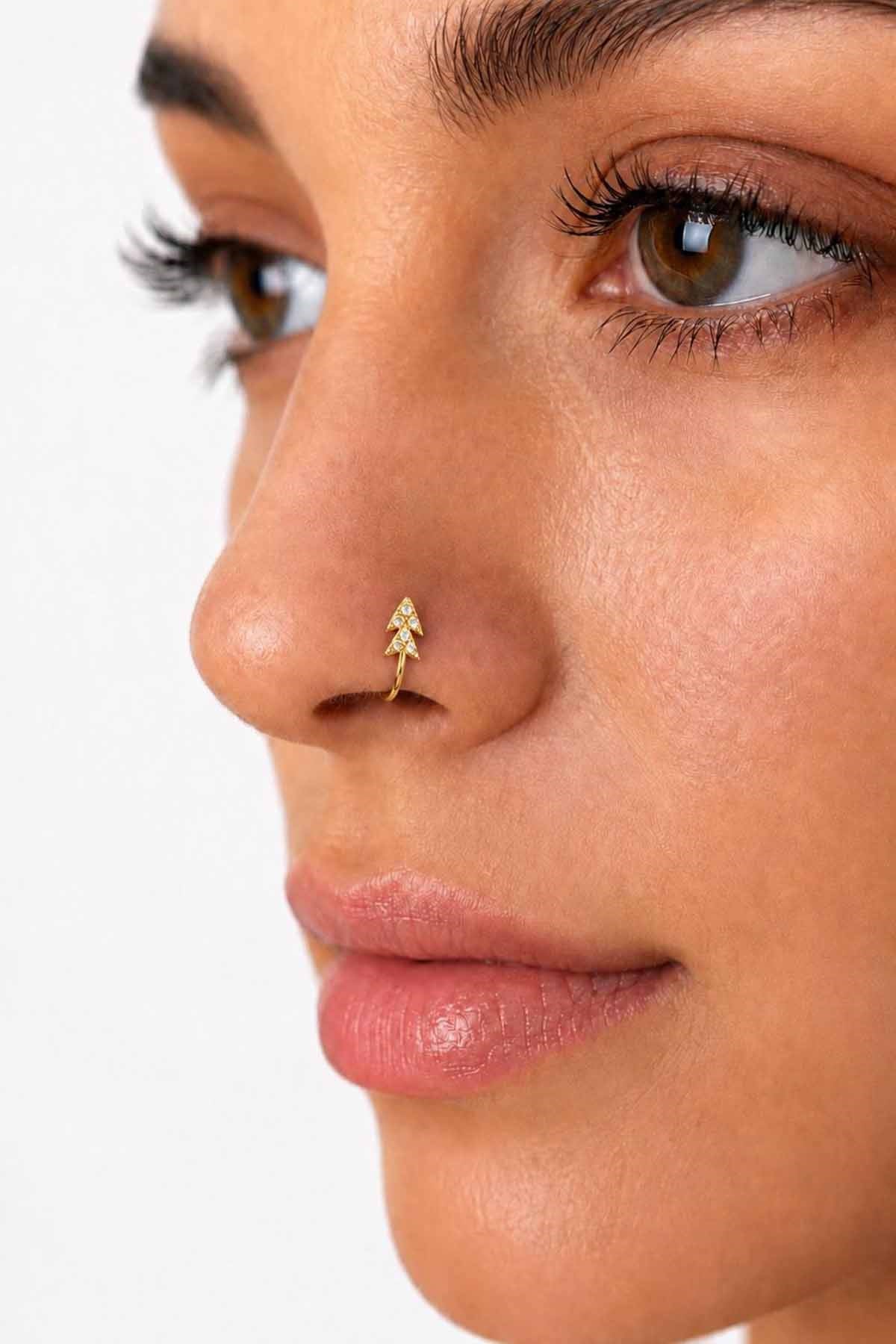 Altın Renk Taş Detaylı Cerrahi Çelik Deliksiz Kulak/Burun Piercing 