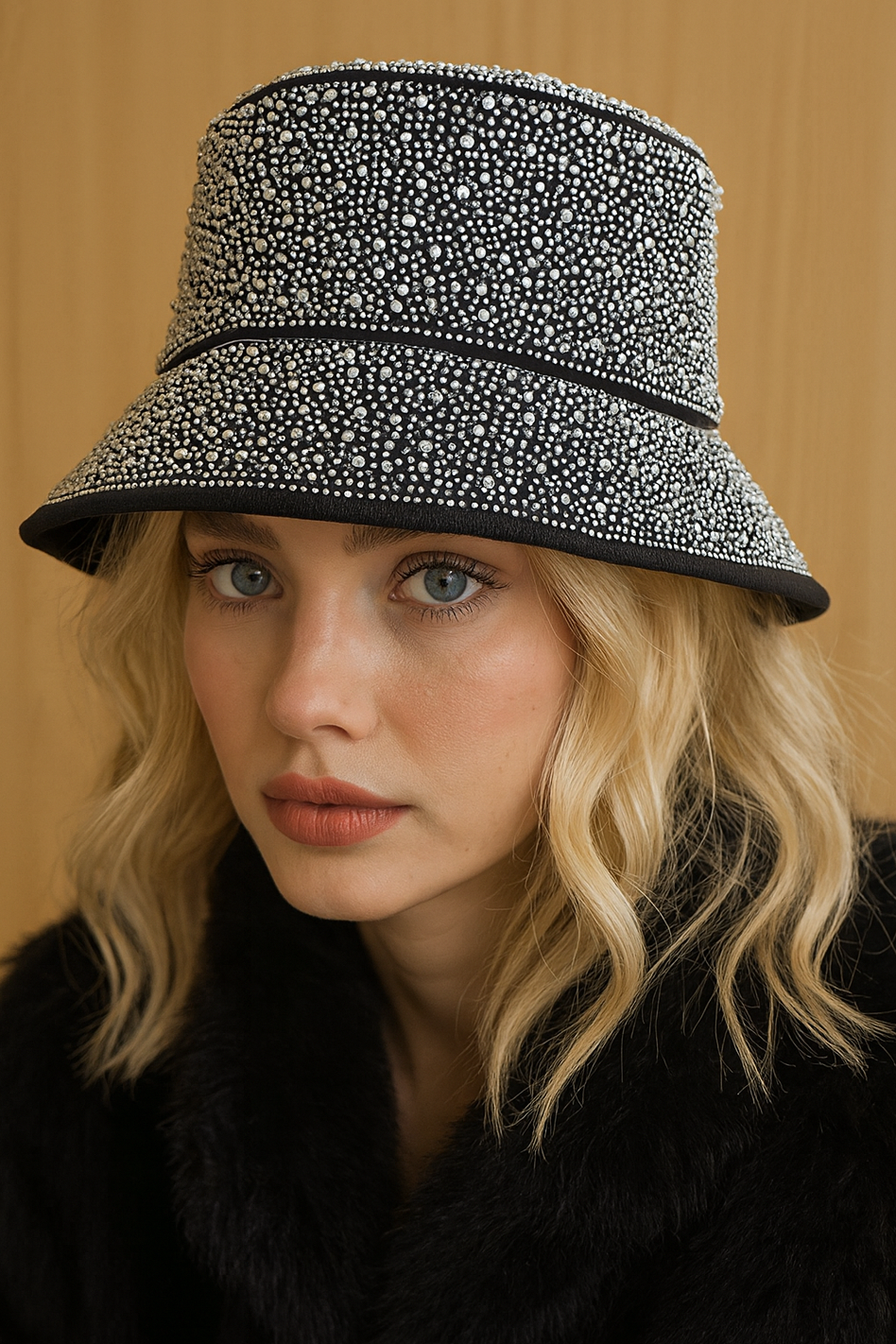 Siyah Renk Taş Detaylı Tasarım Şapka