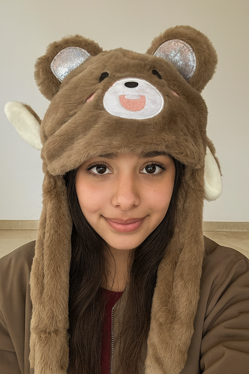 Kahverengi Ayıcık Figürlü Kulakları Oynayan Peluş Şapka