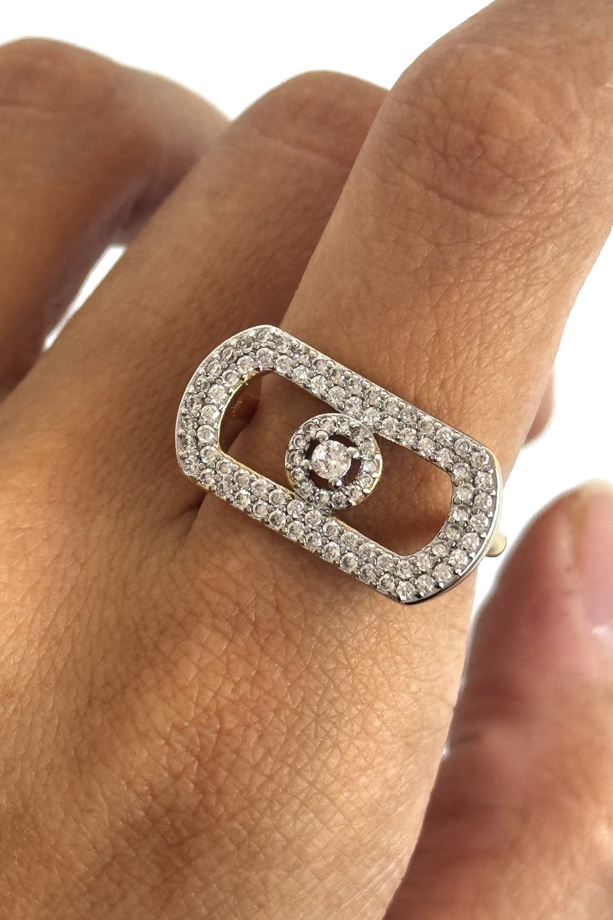 Altın Ve Gümüş Renk Taş Detaylı  Ayarlanabilir YSX Yüzük