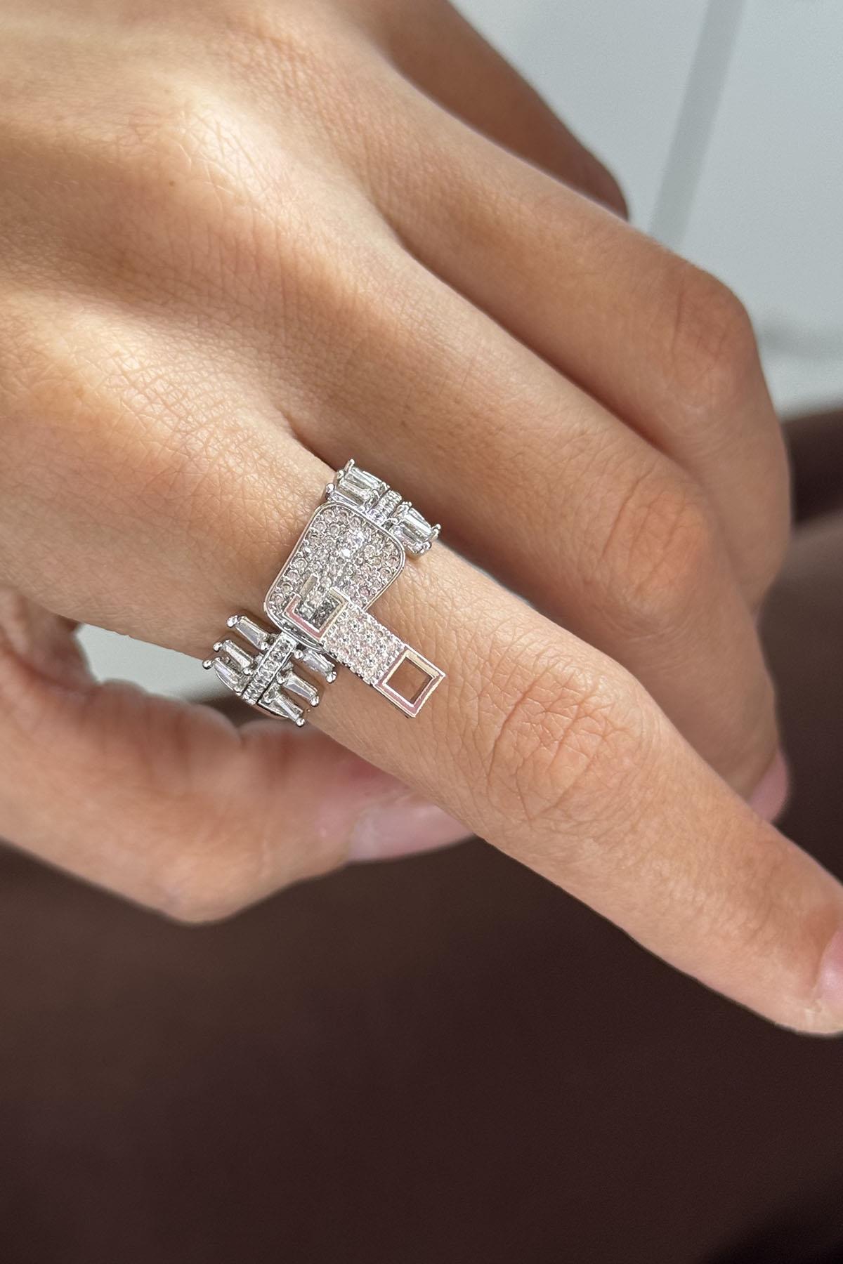 Gümüş Renk Fermuar Figürlü Ayarlanabilir Yüzük