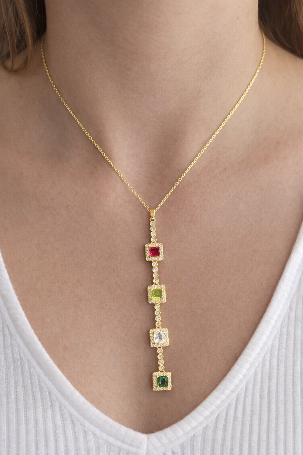 Altın Renk Taşlı 14K Altın Kaplama Y Kolye