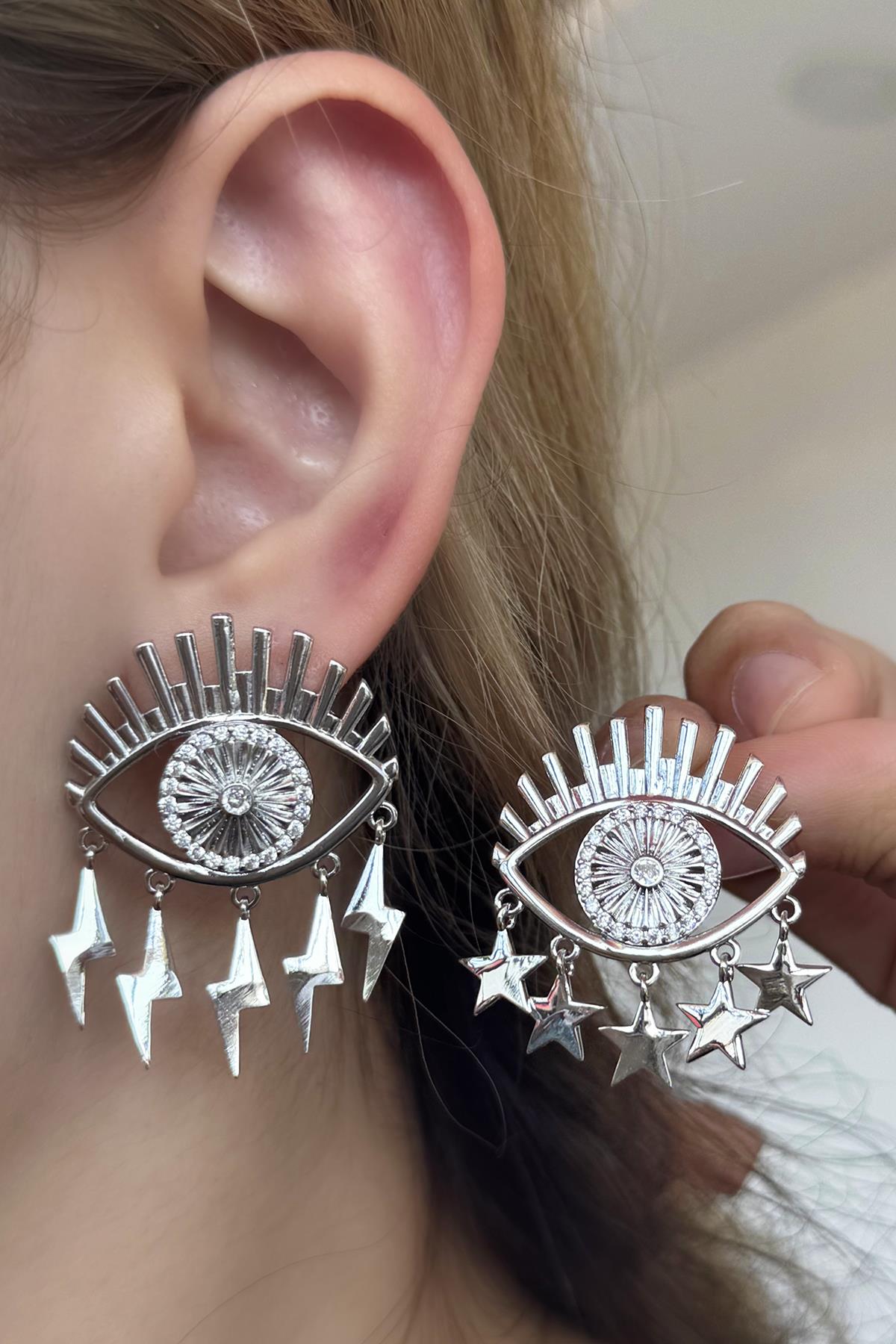 Gümüş Renk Göz Figürlü Taş Detaylı Küpe (Çift)