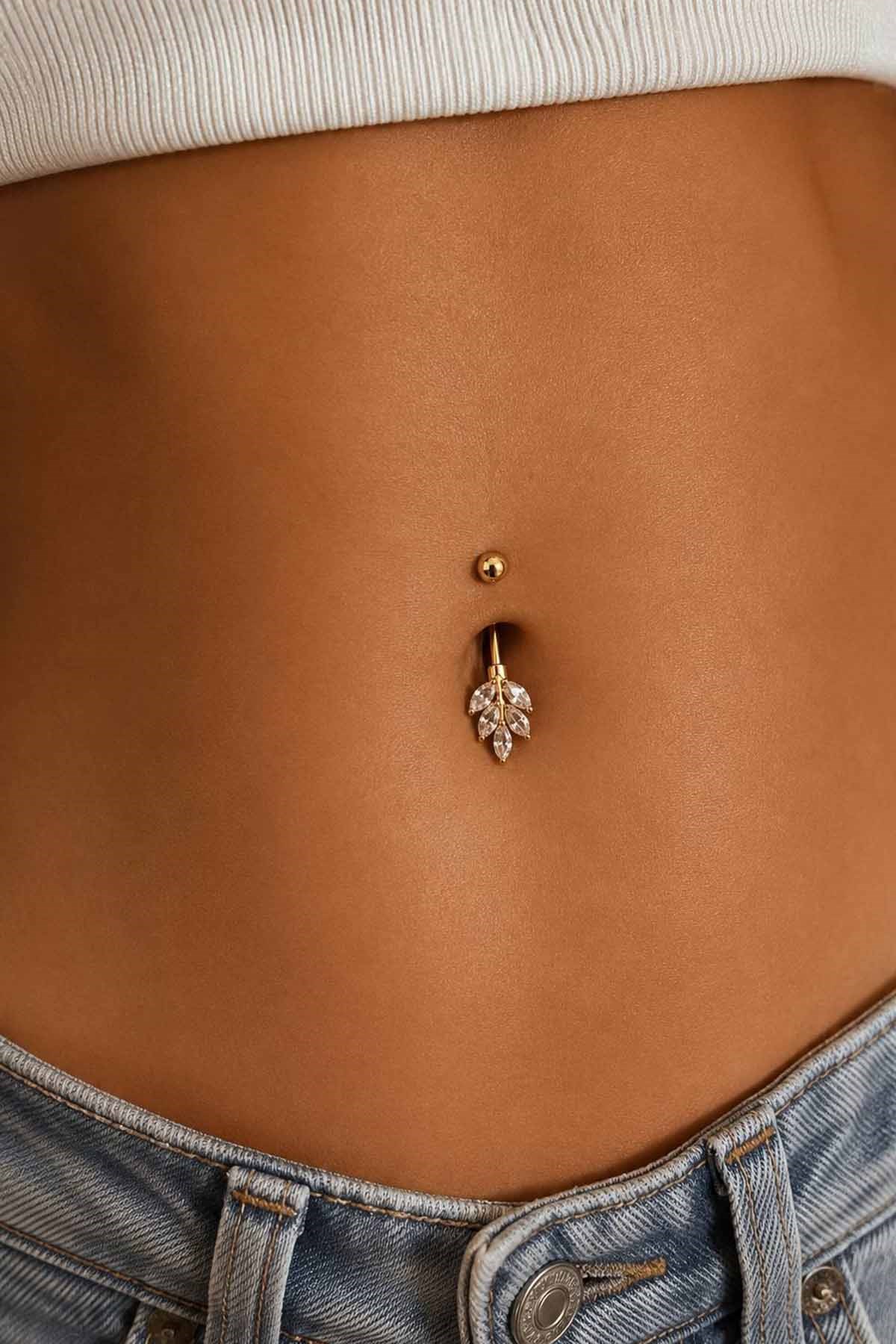Altın Renk Yaprak Figürlü Taşlı Cerrahi Çelik Göbek Piercing