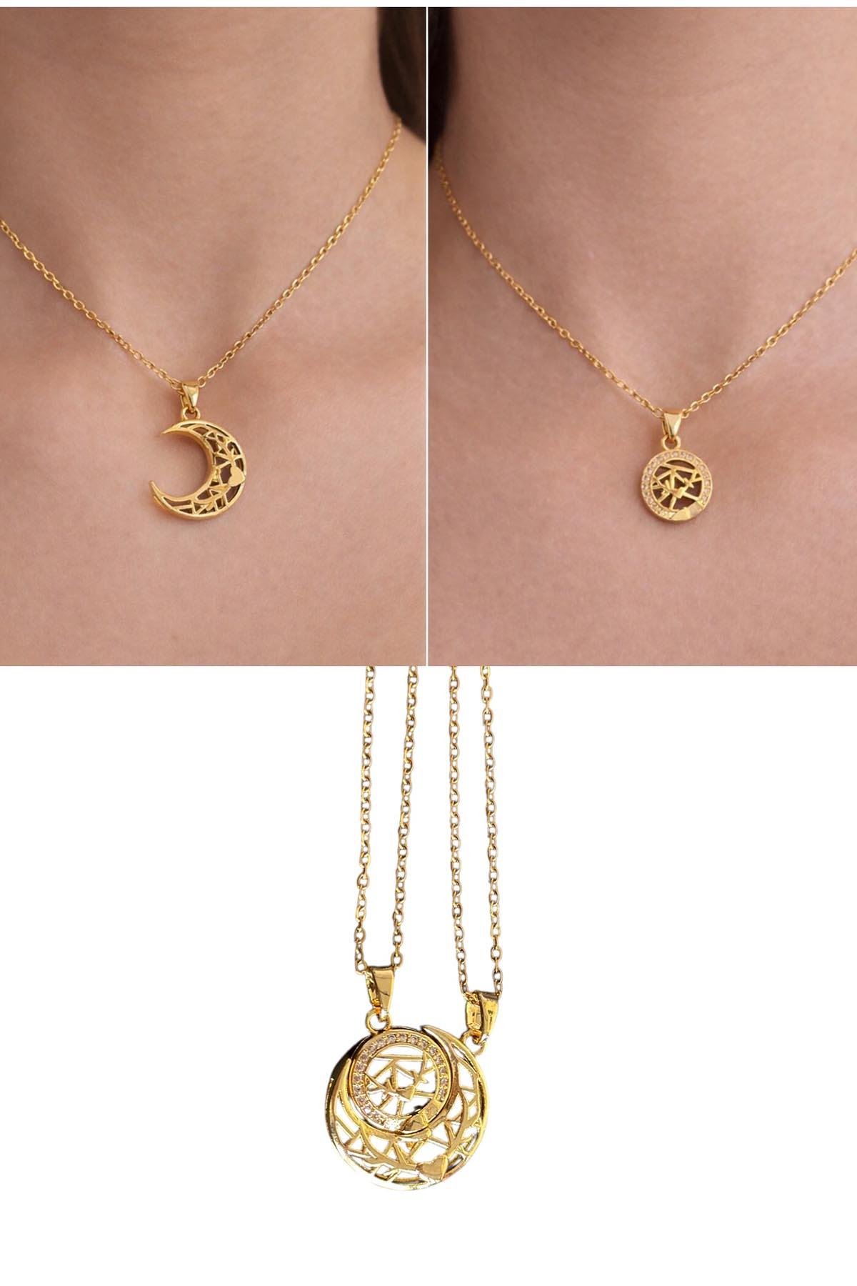 Altın Renk Ay Detaylı İkili Mıknatıslı Çelik Arkadaşlık Kolyesi
