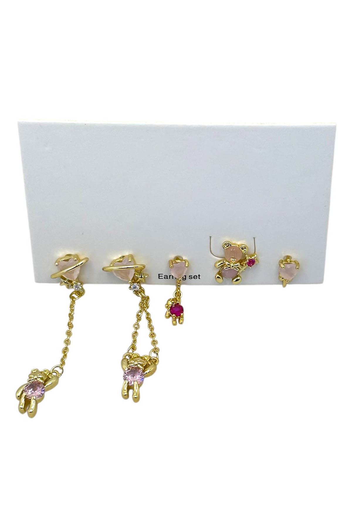 Altın Renk Ayıcık Figürlü Taş Detaylı 5'li Küpe Set