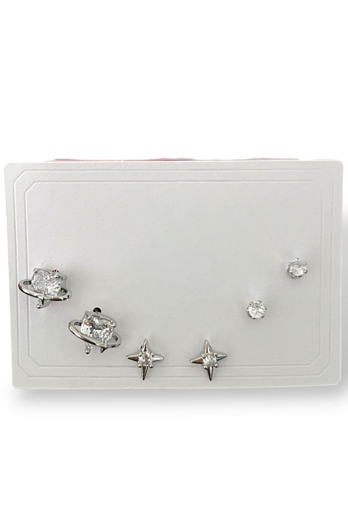 Gümüş  Renk Taş Detaylı 6'lı Küpe Set