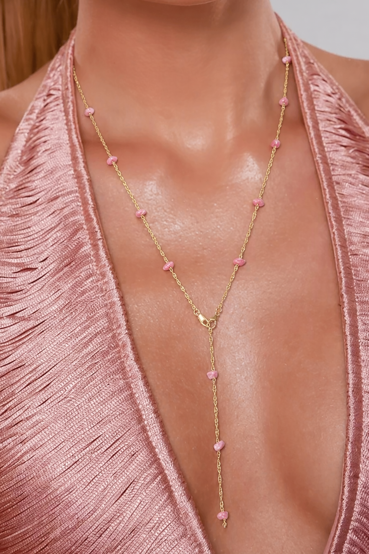 Altın Renk Taş Detaylı Çelik Y Kolye