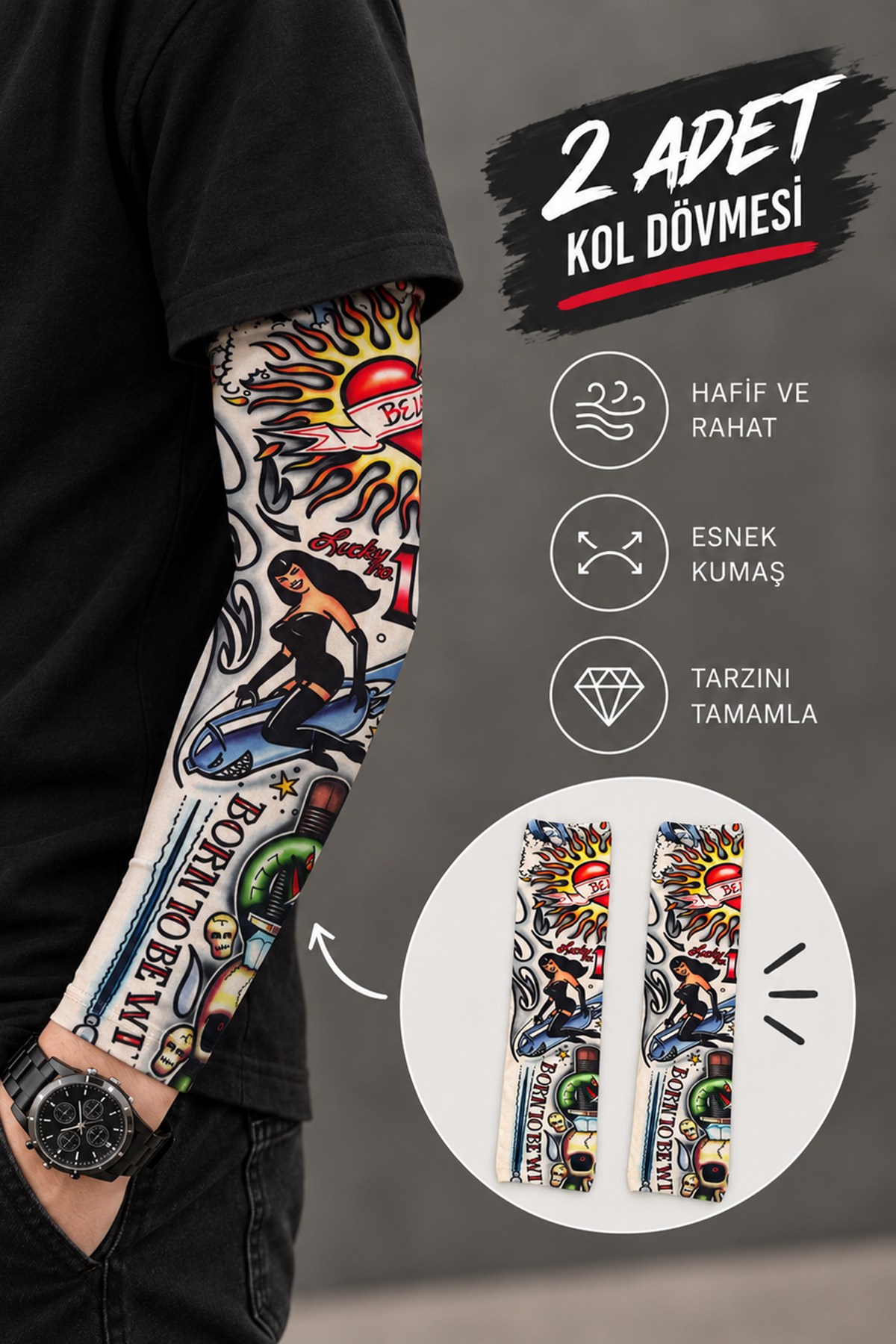 Karışık Renk Ve Desenli Giyilebilir Dövme Sleve (Çift)