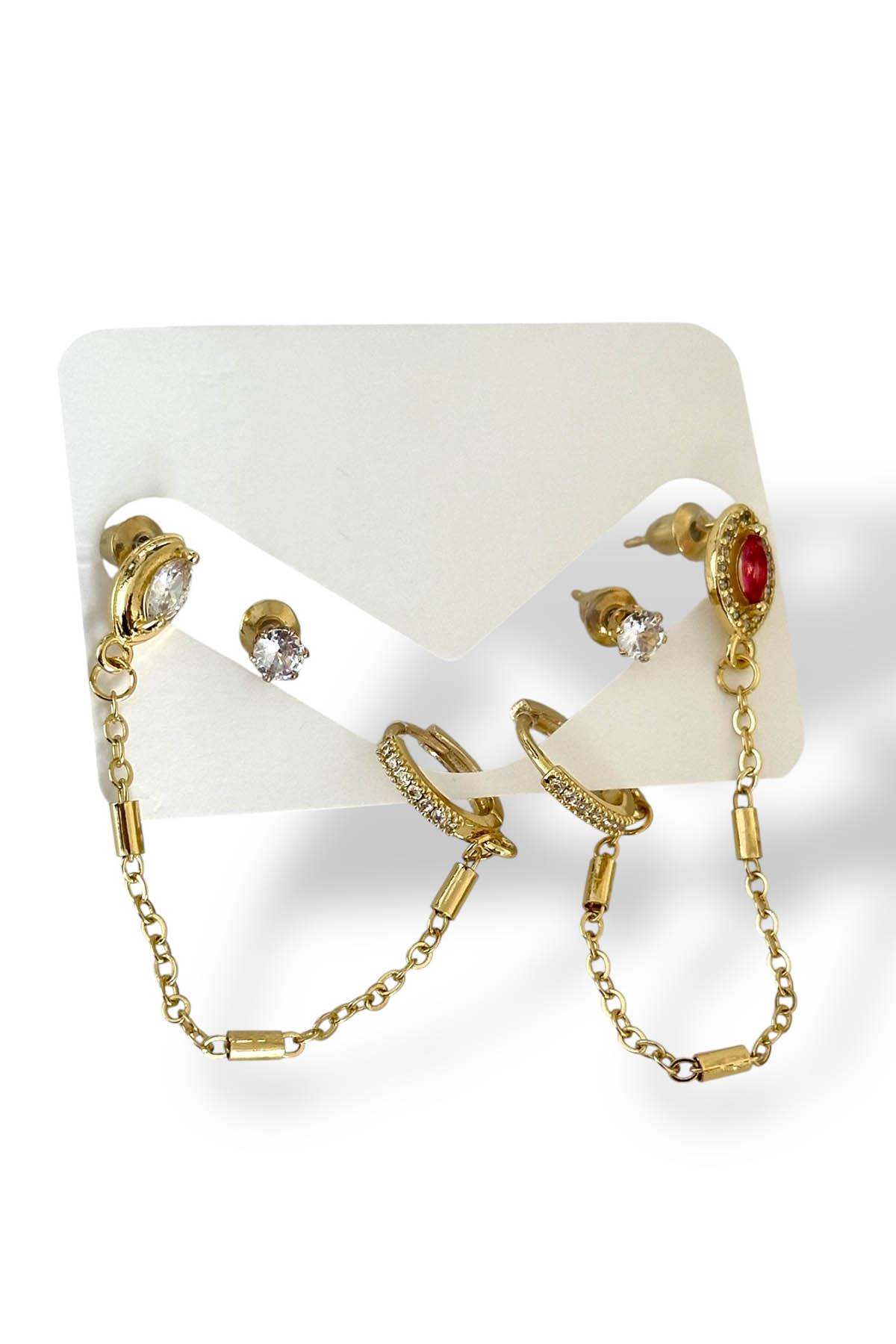 Altın Renk Taş Detaylı 6'lı Küpe Set