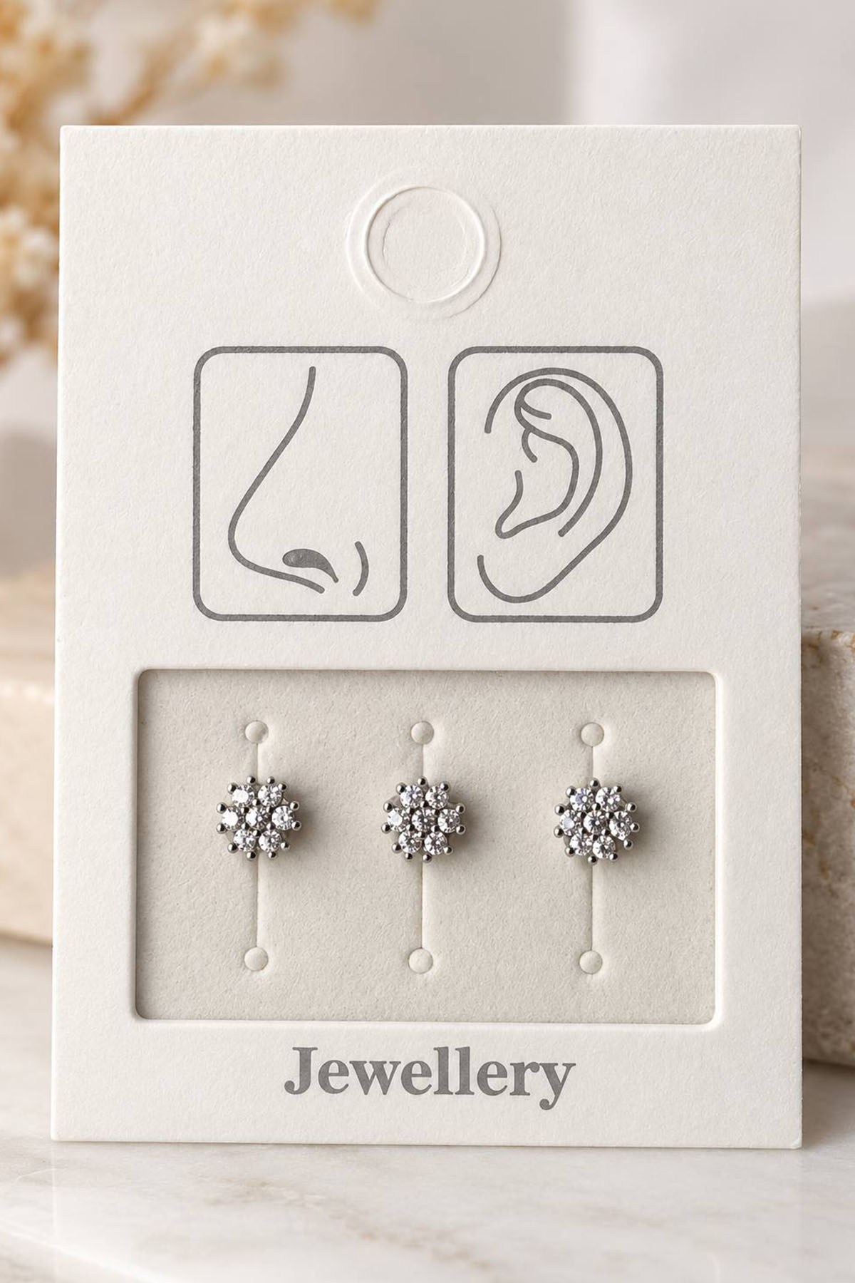 Gümüş Renk Çiçek Figürlü Deliksiz Kulak/Burun 3'lü Piercing Set