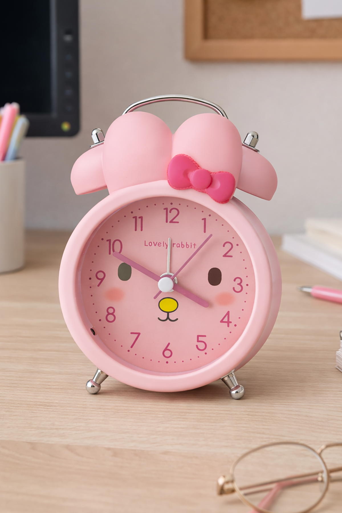 Pembe Renk Tavşan Figürlü Mini Dekoratif Işıklı Alarmlı Yuvarlak Masa Saati