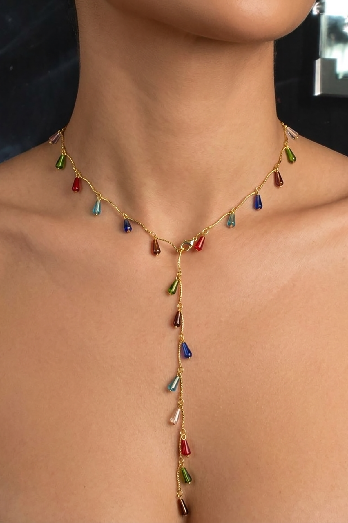 Altın Renk Taş Detaylı Çelik Y Kolye