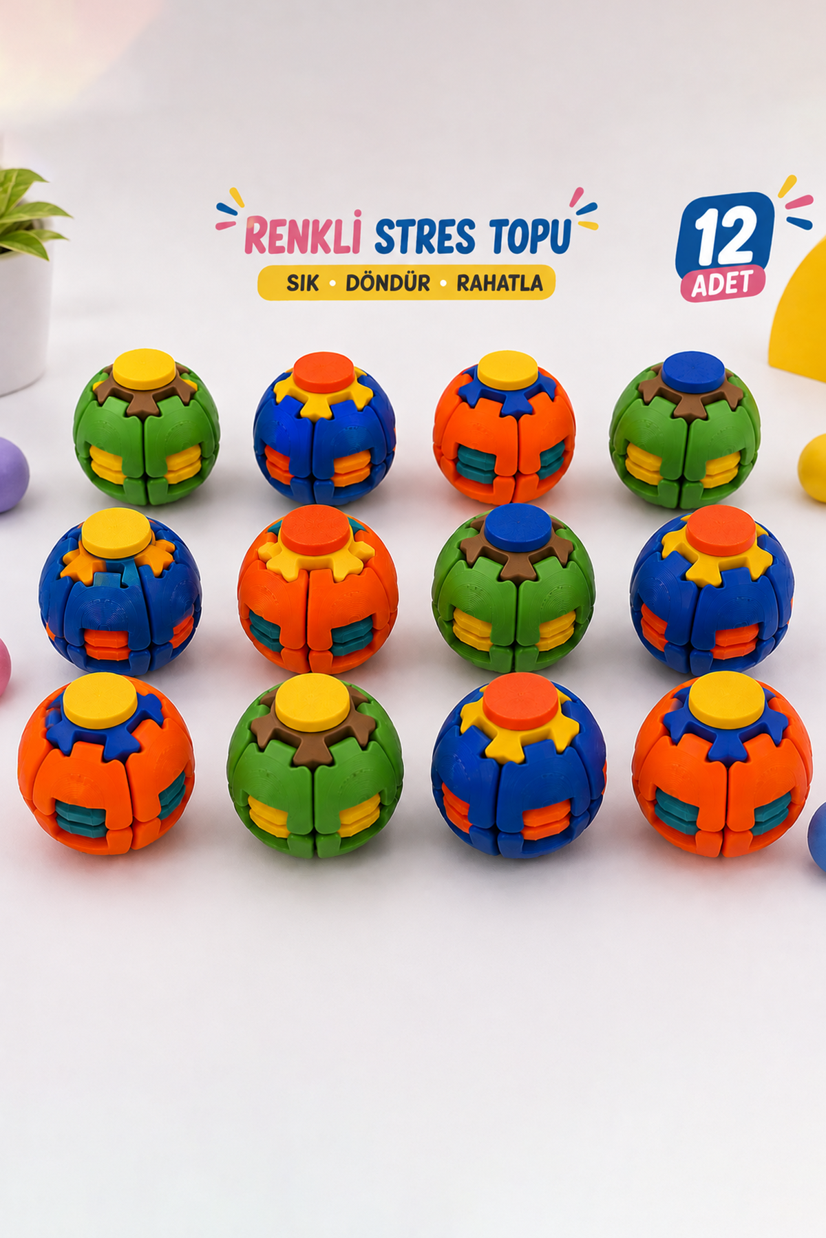 12'li Karışık Renk Stres Giderici Bas Döndür Stres Topu Oyuncağı 