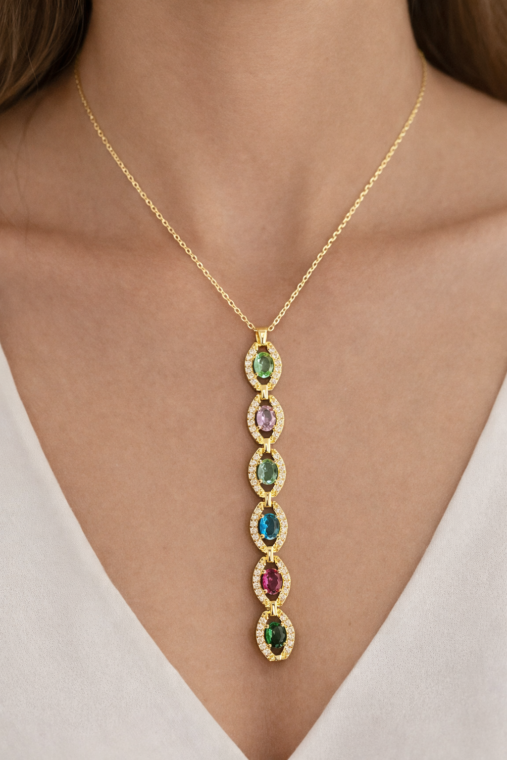 Altın Renk Taşlı 14K Altın Kaplama Y Kolye