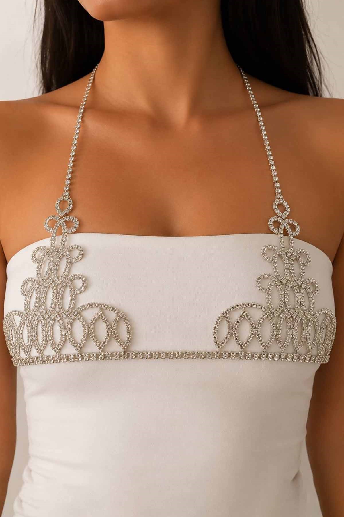Gümüş Renk Taş Detaylı Bikini Üstü /Bralet /Vücut Aksesuarı