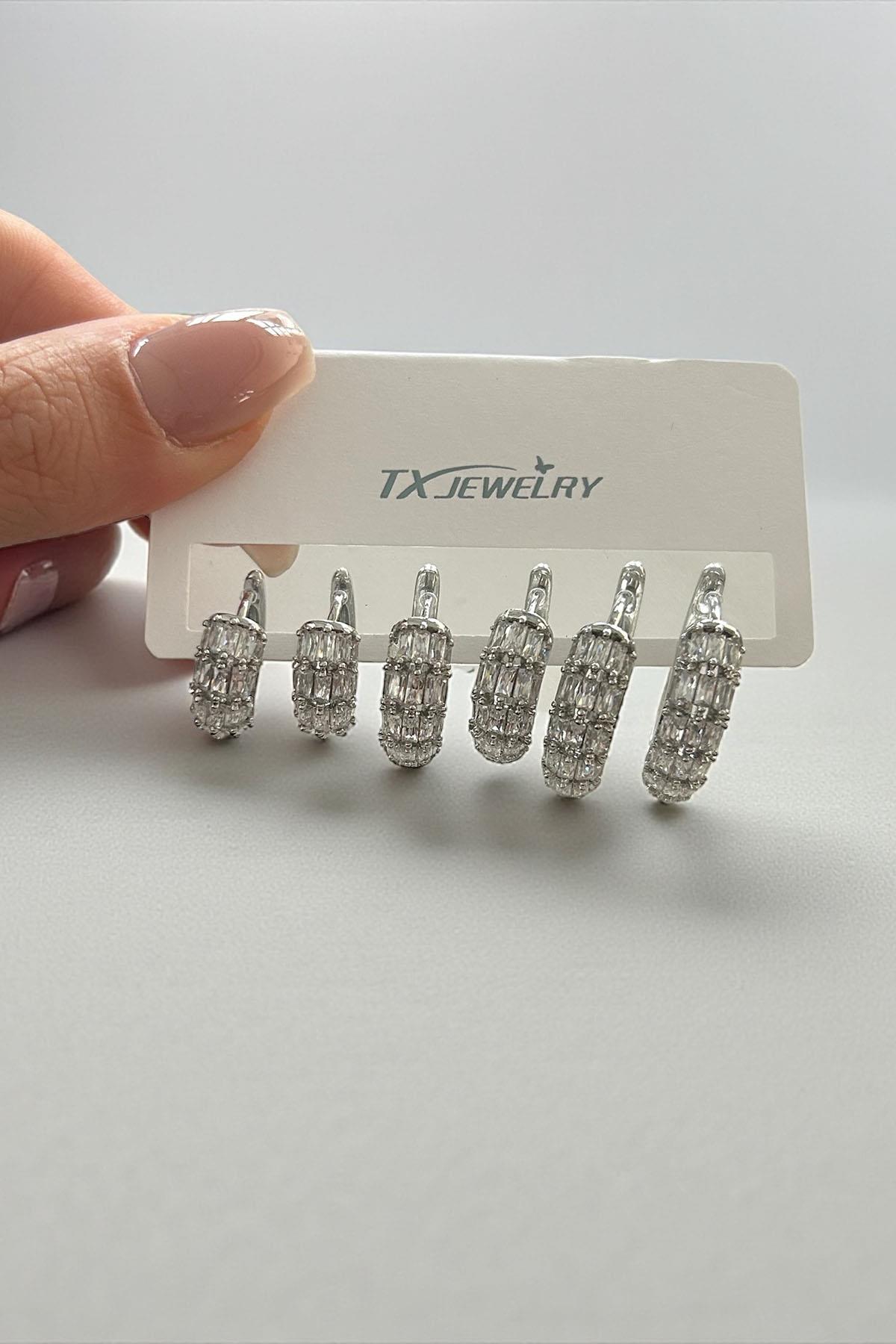 Gümüş Renk Taş Detaylı 14K Altın Kaplama TX 6'lı Halka Küpe Set