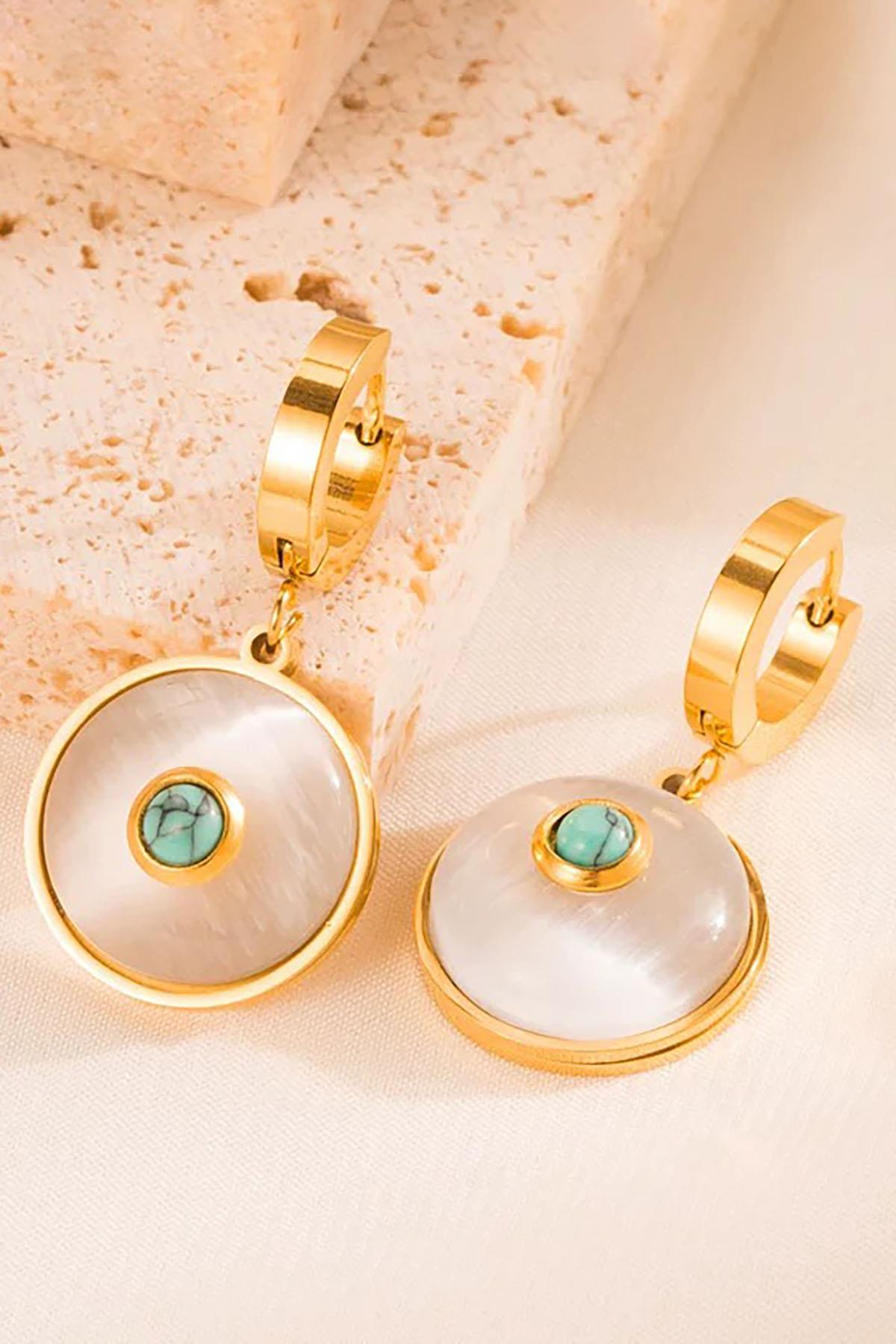 Altın Renk Taş Detaylı Çelik Küpe (Çift)