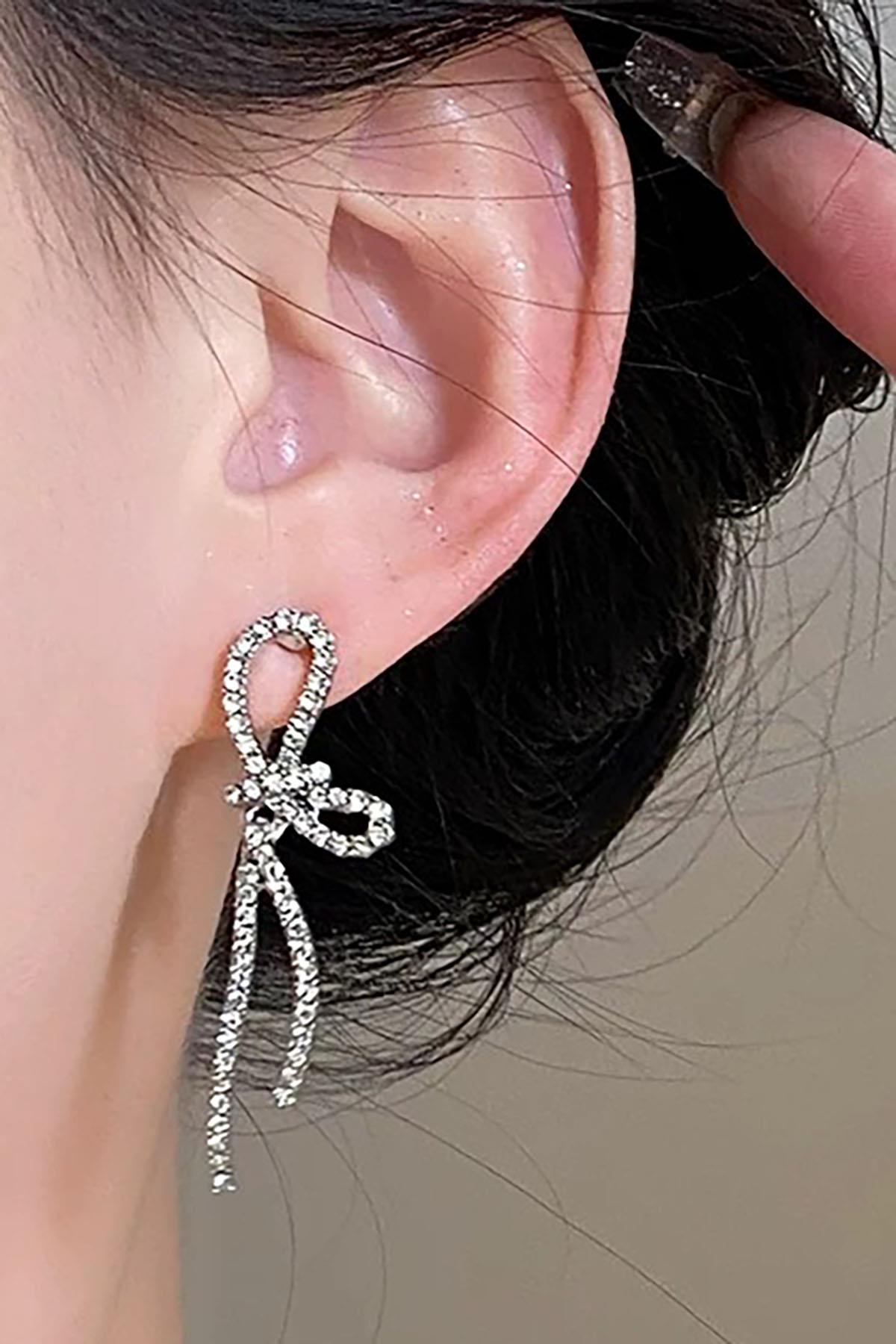 Gümüş Renk Kurdele 14k Altın Kaplama Küpe (Çift)