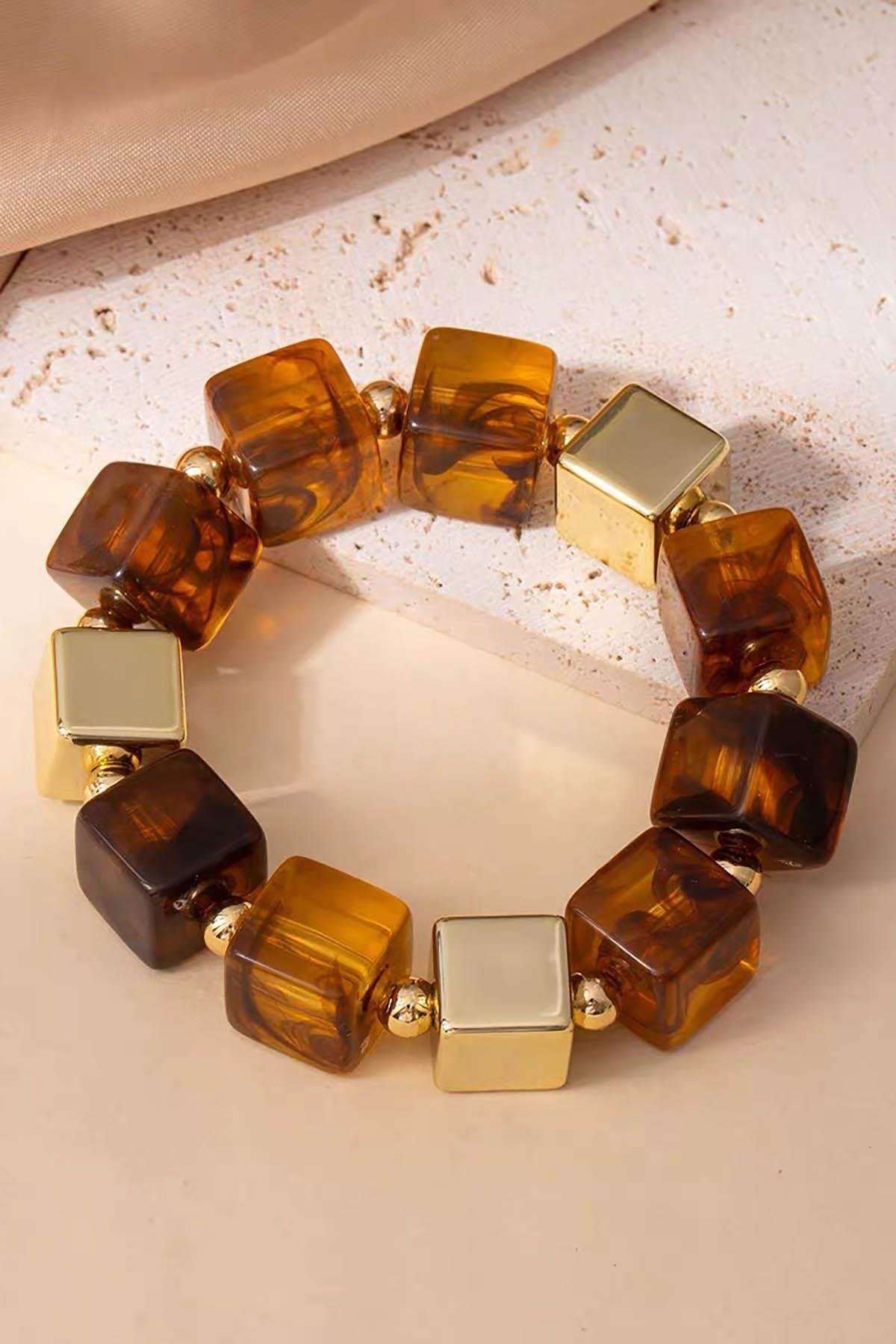 Kahverengi Ve Altın Renk Boncuk Detaylı Bileklik