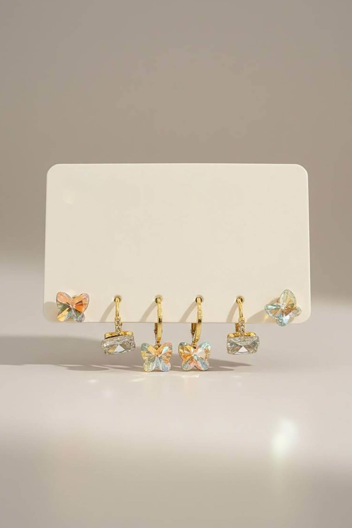 Altın Renk 6'lı Taş Detaylı Set Küpe