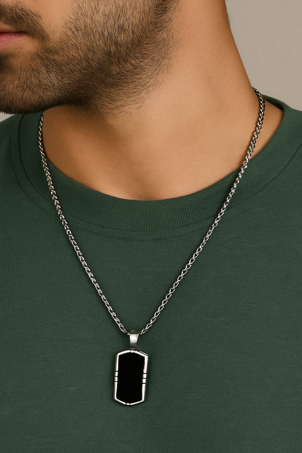 Gümüş Renk Taş Detaylı Erkek Zincir Çelik Kolye (60cm)
