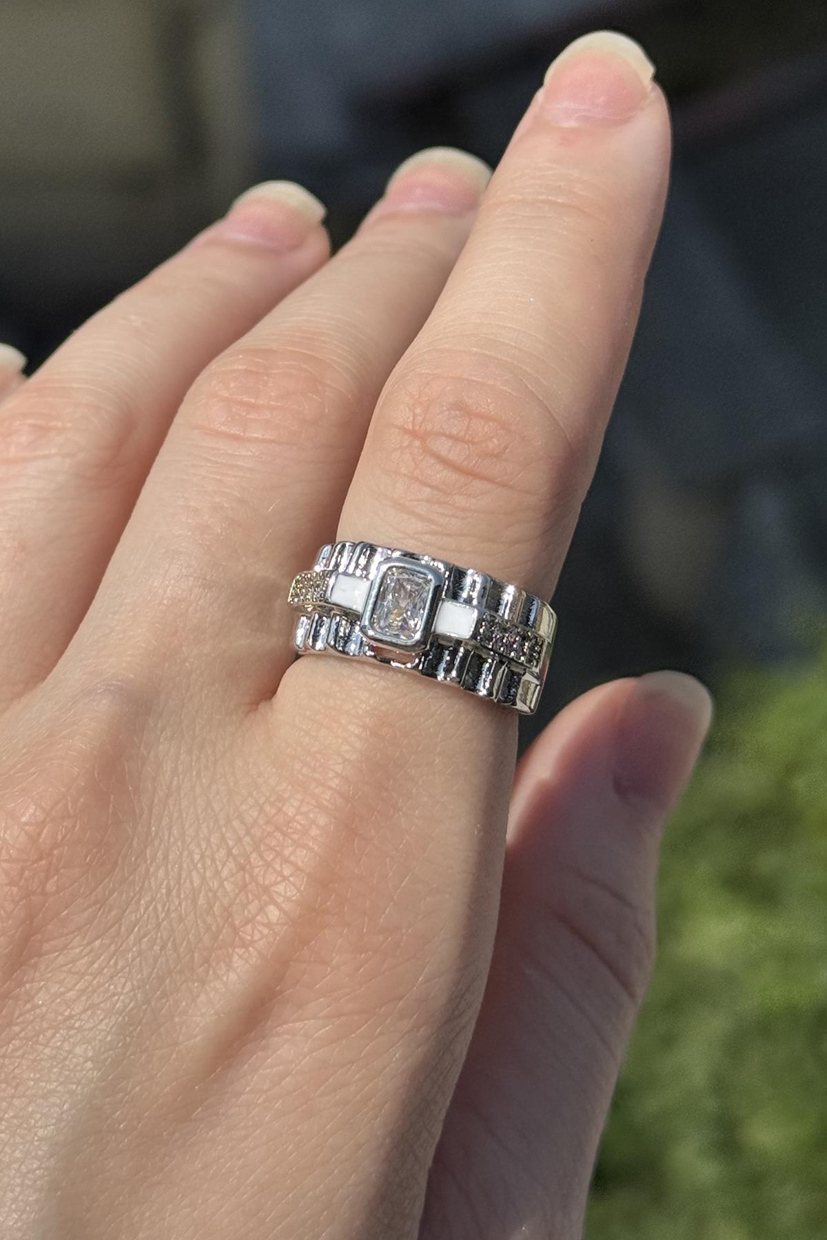 Gümüş Renk Taş Detaylı Ayarlanabilir YSX Yüzük