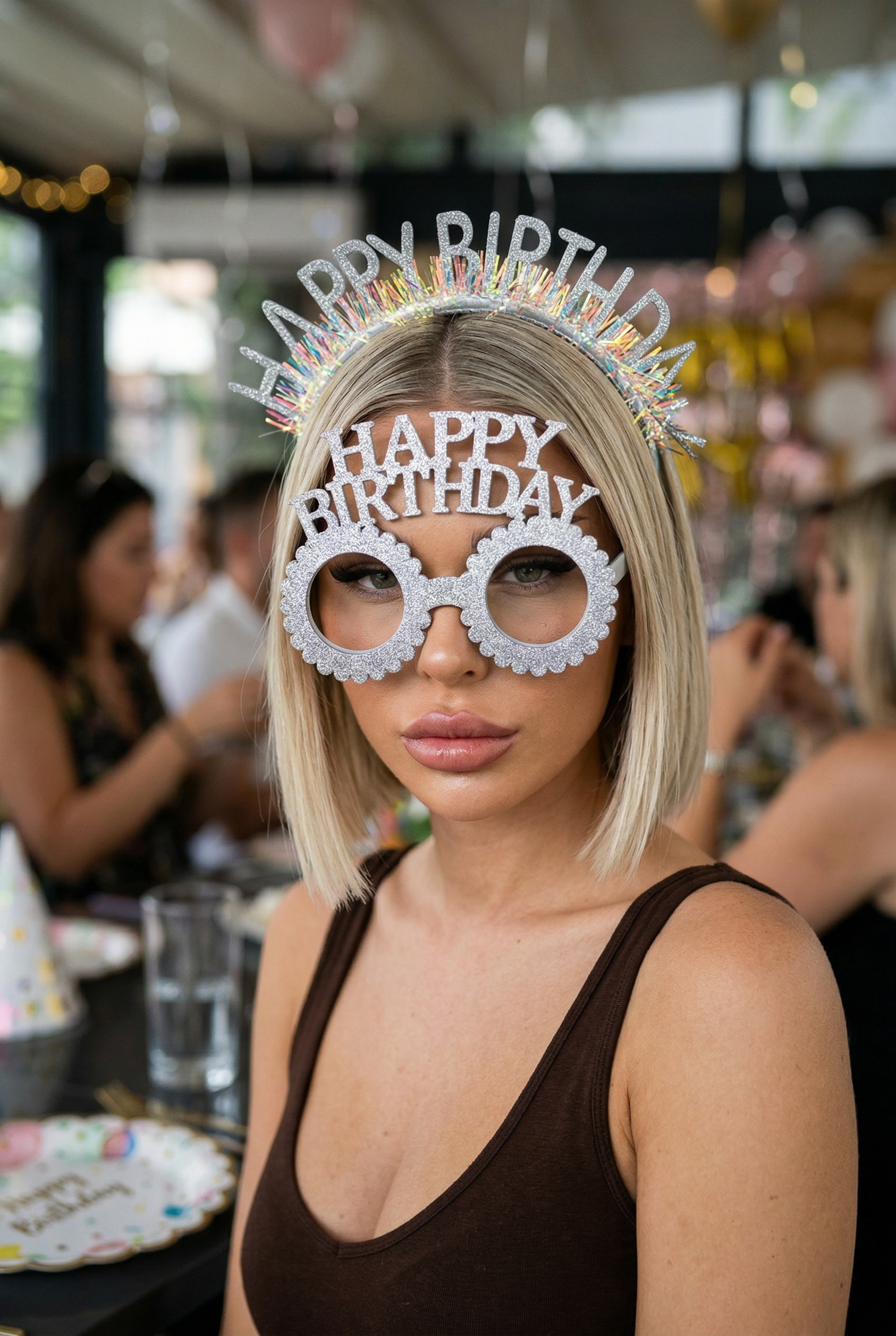 Gri Renk Happy Birthday Yazılı Gözlük Ve Taç