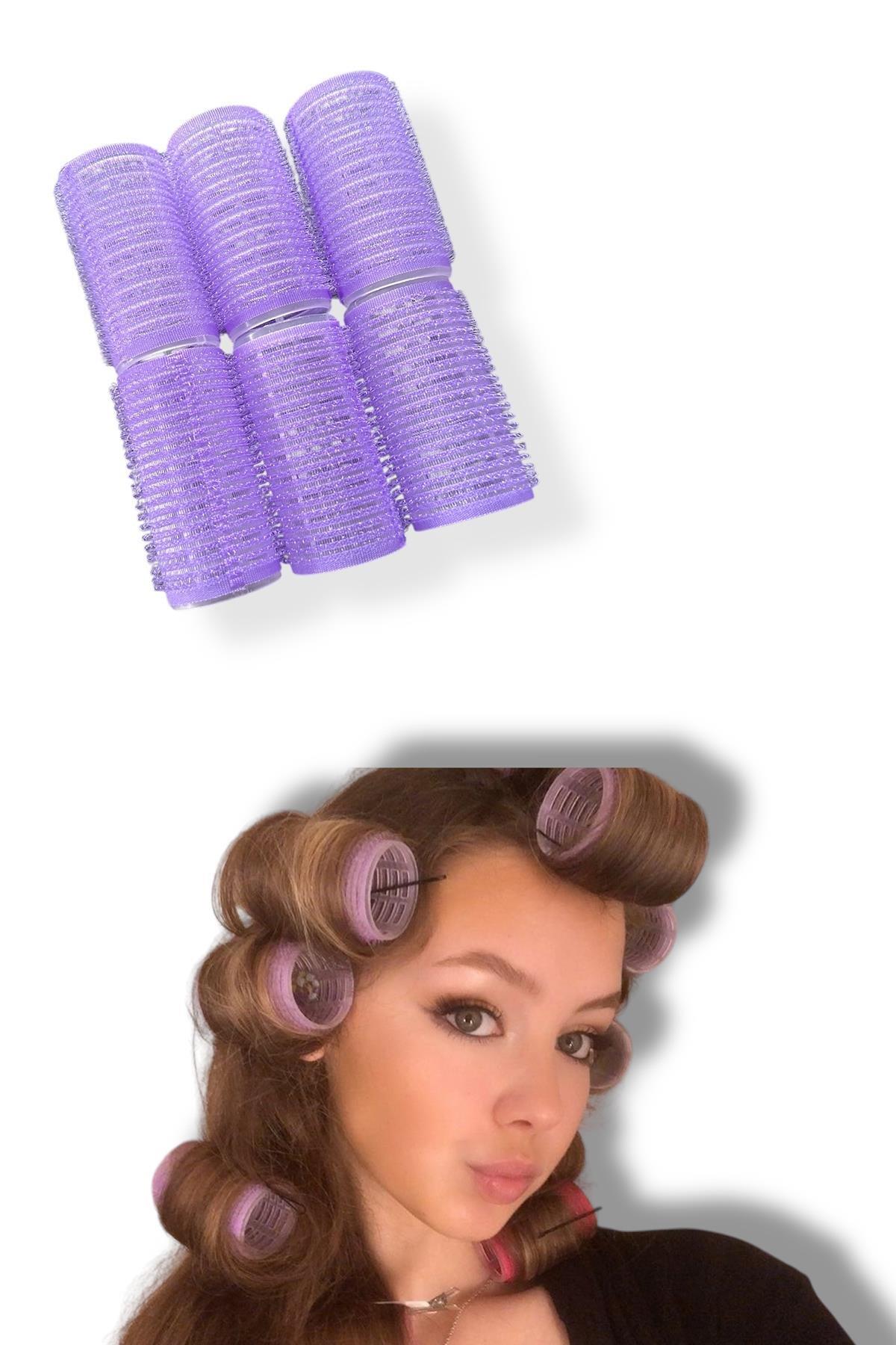 Mor Renk 6 Adet Bigudi Cırtlı/ Yapışkanlı Saç Bigudisi /Orta Boy