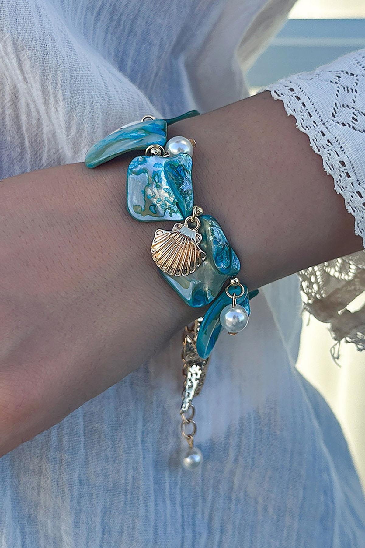 Altın Renk Mavi Taş Detaylı Çelik Bileklik