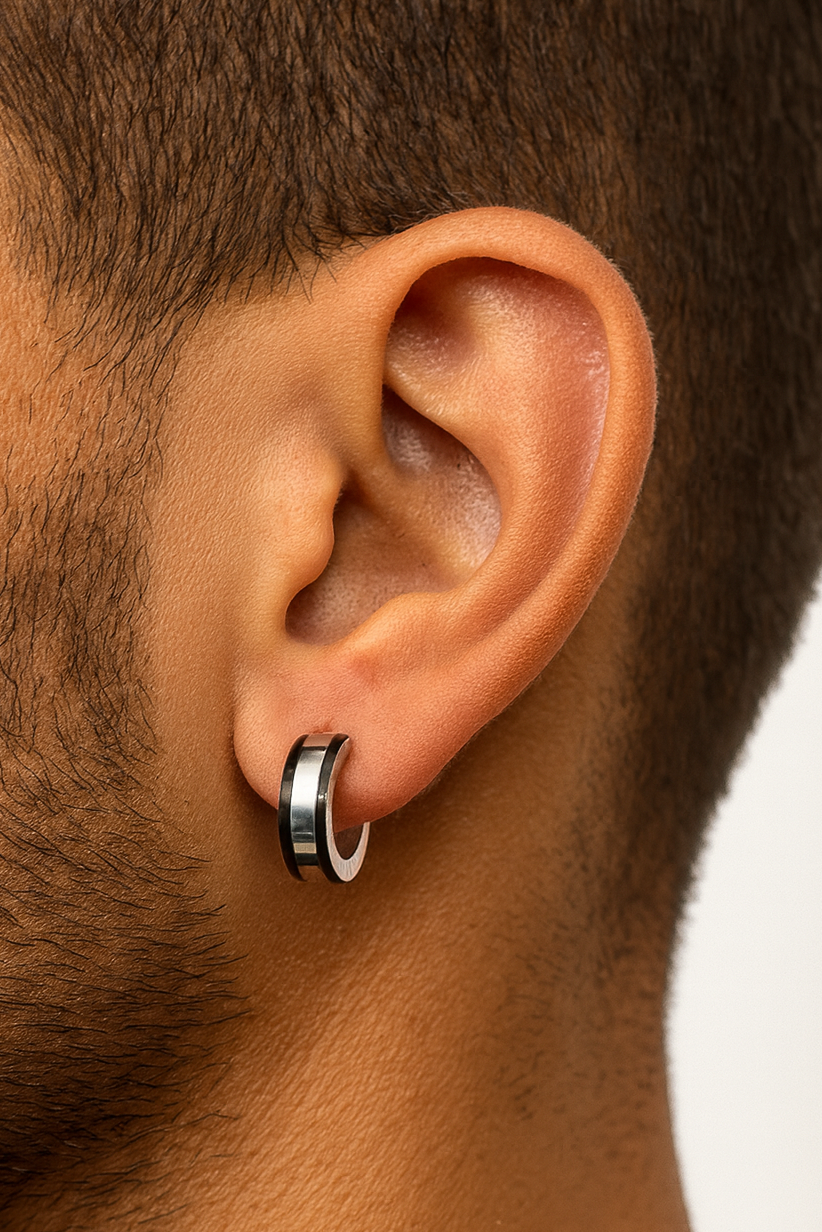 Gümüş Ve Siyah Renk Çelik Erkek Küpe (Çift)