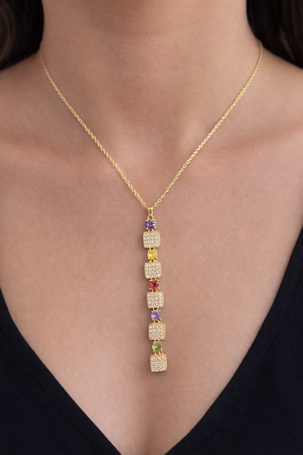 Altın Renk Taşlı 14K Altın Kaplama Y Kolye