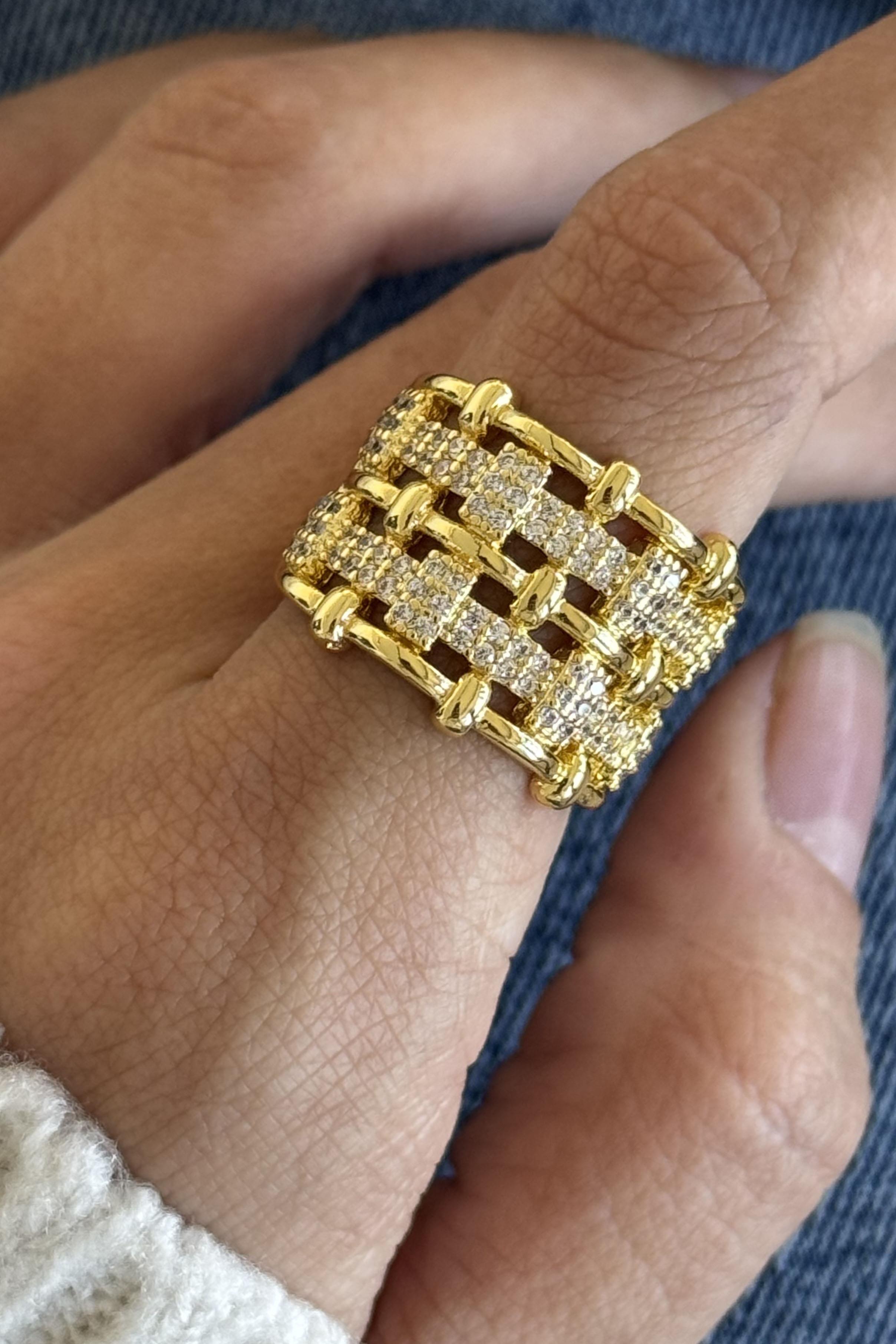 Altın Renk Taş Detaylı Ayarlanabilir Çelik Yüzük