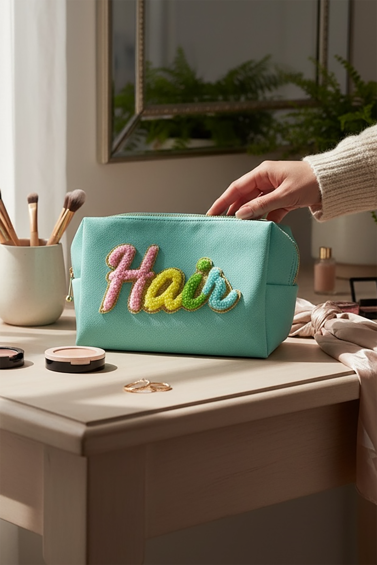 Yeşil Renk Hair Yazılı Makyaj Çantası