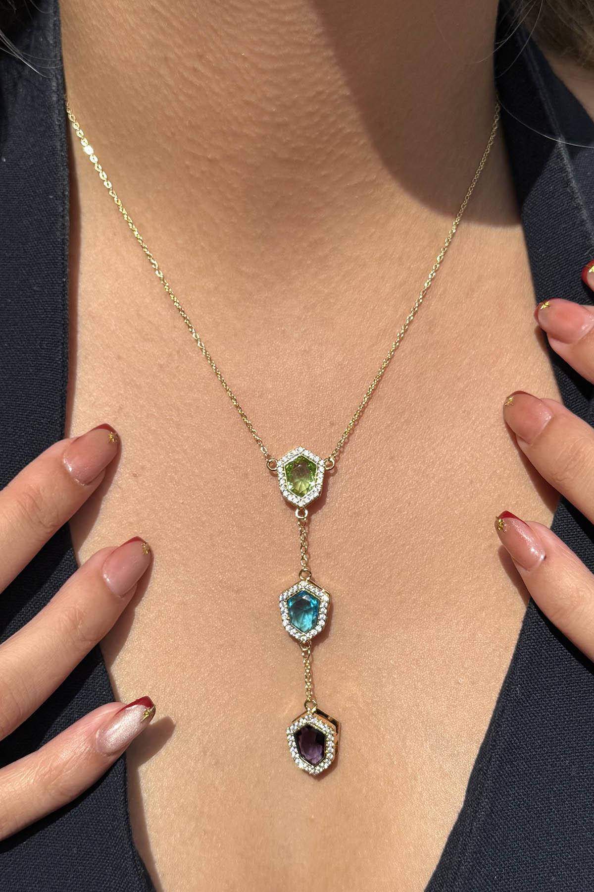 Altın Renk Renkli Taş Detaylı 14k Altın Kaplama TX Kolye