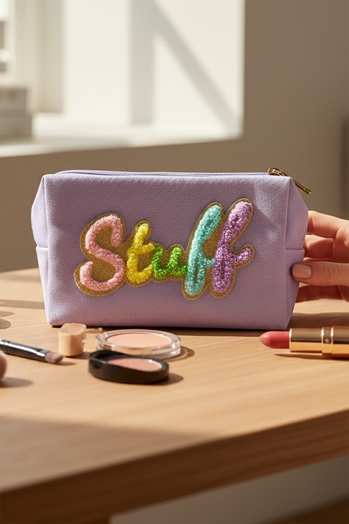 Mor Renk Stuff Yazılı Makyaj Çantası