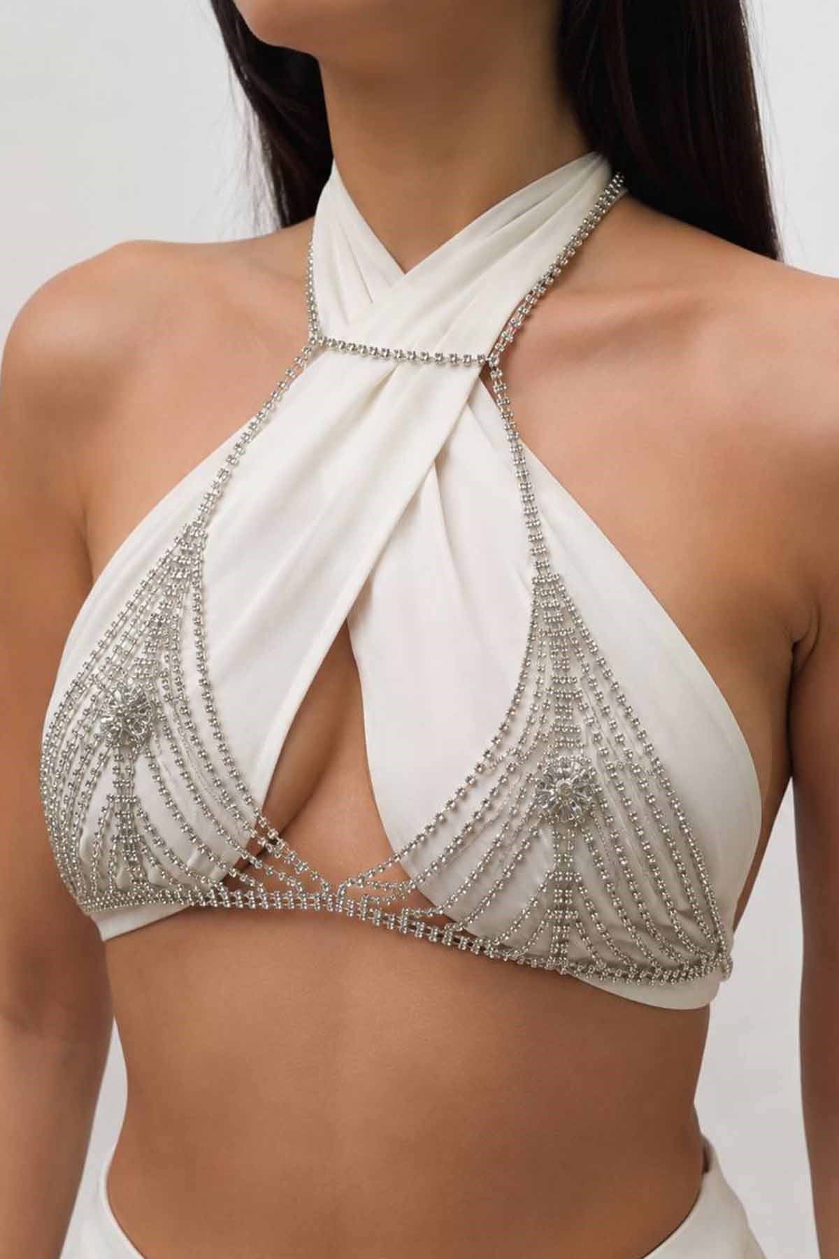 Gümüş Renk Taş Detaylı Bikini Üstü /Bralet /Vücut Aksesuarı